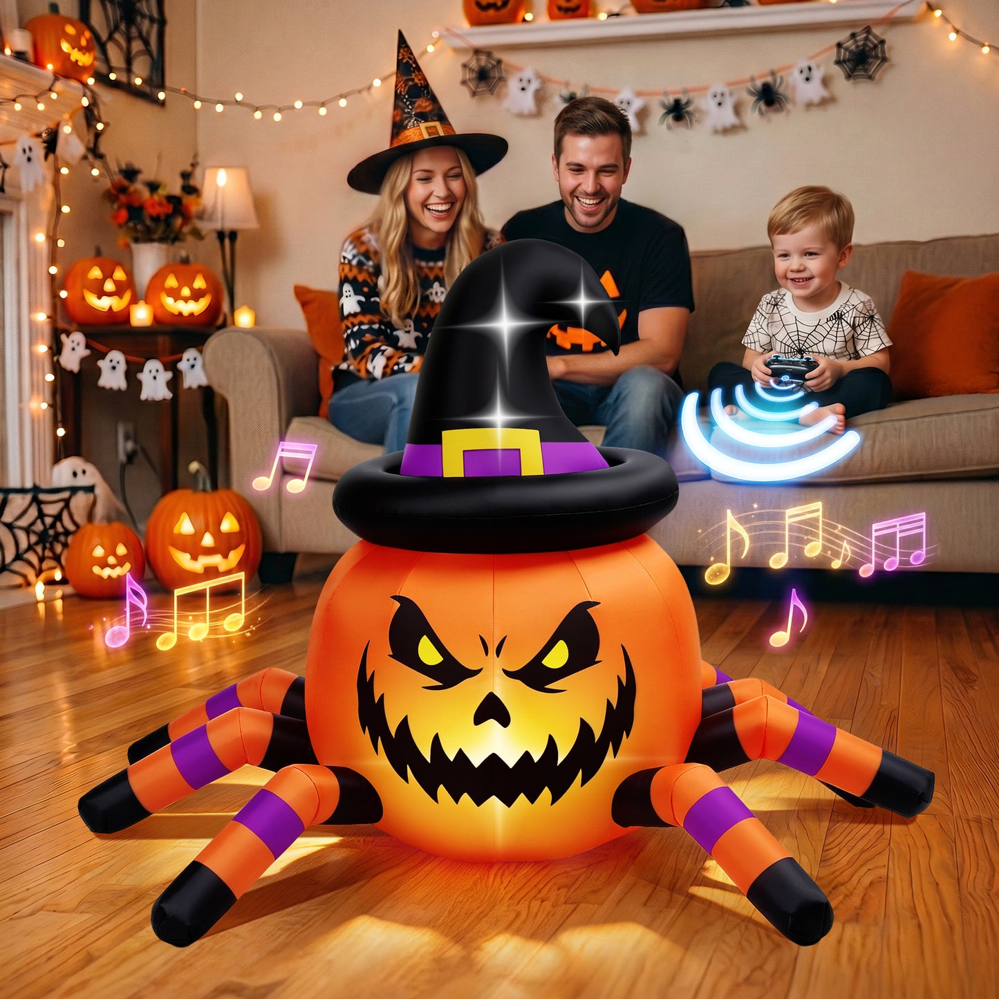 Firstness 2.6ft Halloween Inflatable with Music and Lights,Remote Control Pumpkin Ghost Car,Blow ups Rc Car,Indoor Outdoor,Orange Green