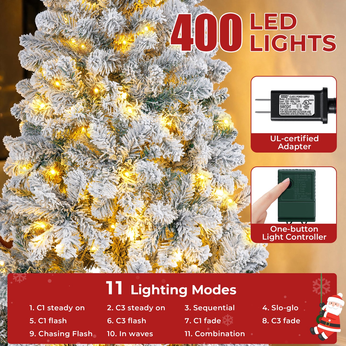 Firstness 7.5ft Pre-Lit Artificial Christmas Tree with 1400 Branches,11 lighting Mode Snow Flocked Xmas Tree with Storage Bag