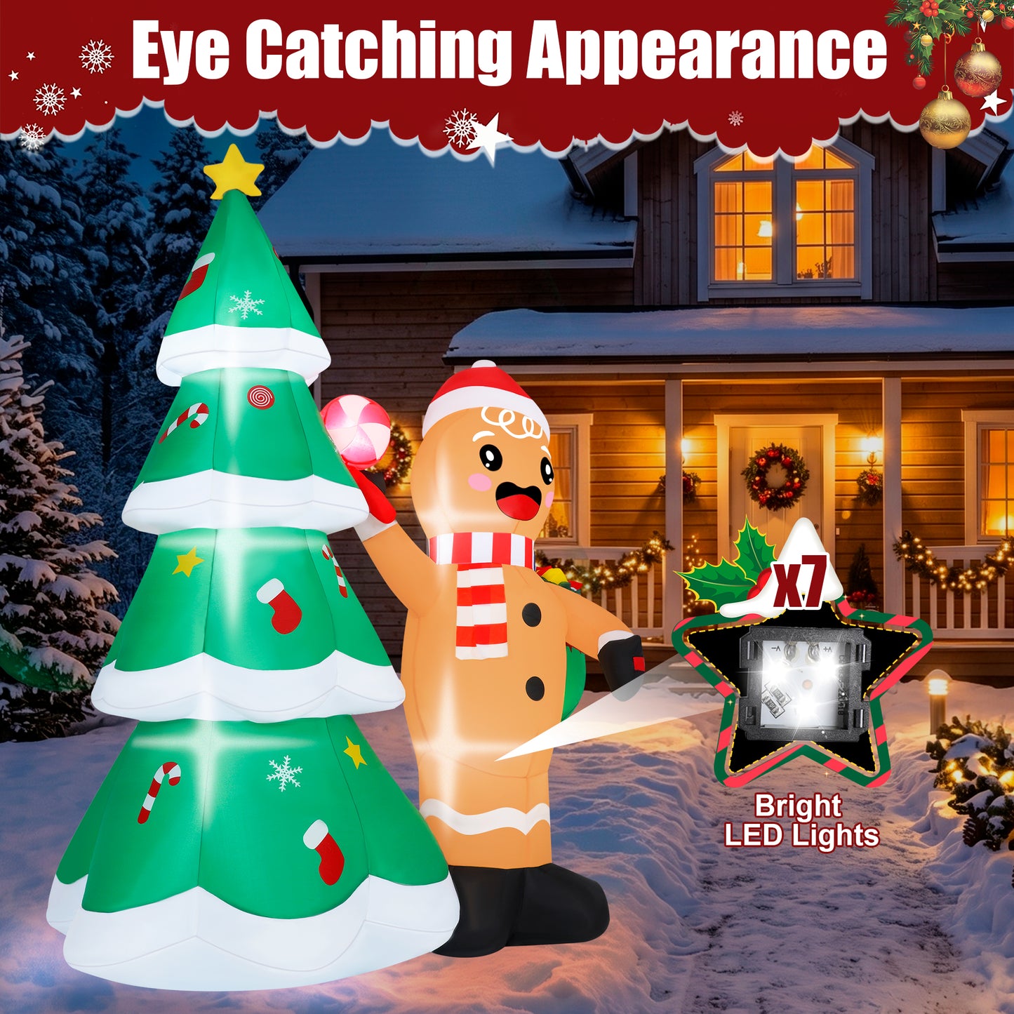 Firstness 6ft Tall Christmas Inflatables, Gingerbread Man and Christmas Tree Blow ups with LED Lights for Outdoor Yard Lawn Decorations
