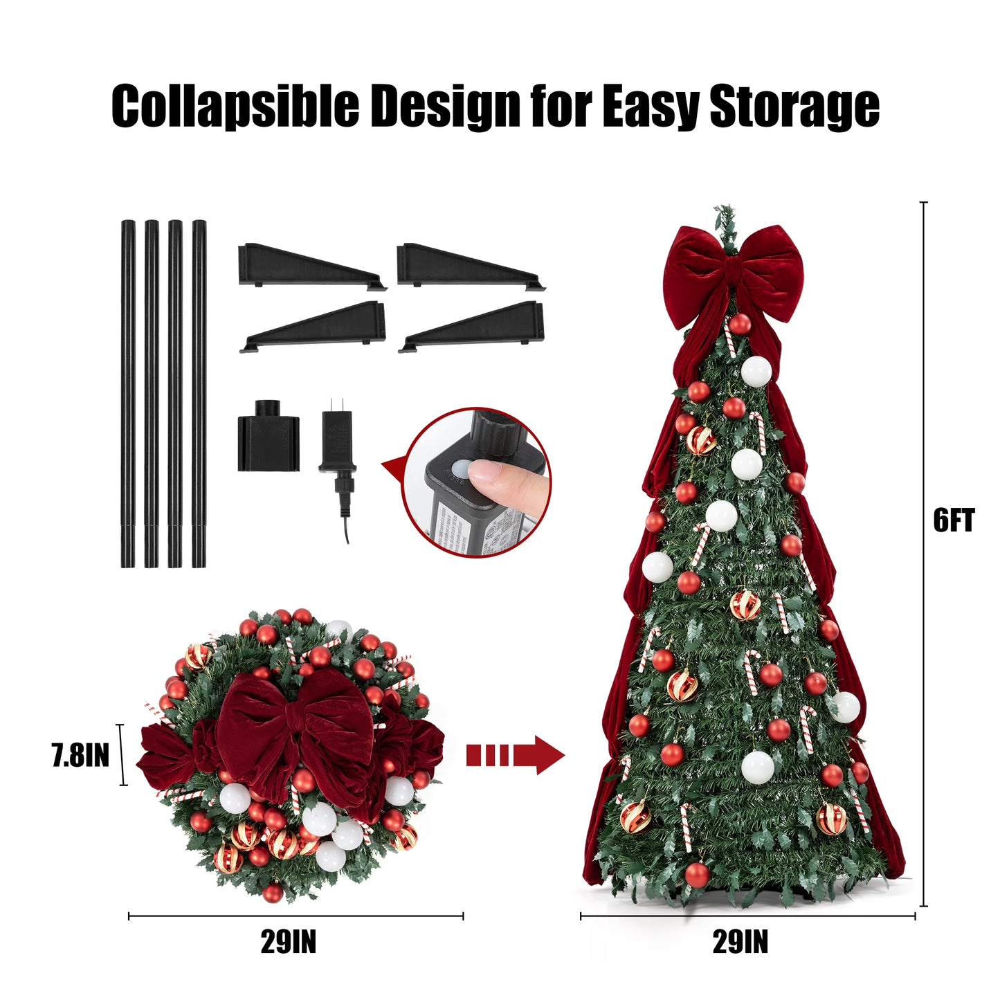 Firstness Christmas Tree 6/7.5FT, Pop up Pre Decorated Pre Lit Artificial Xmas Tree with 150 LED Lights, Large Bow & Ornaments, Lighted Christmas Tree for Holiday Party Decorations, Easy Installation