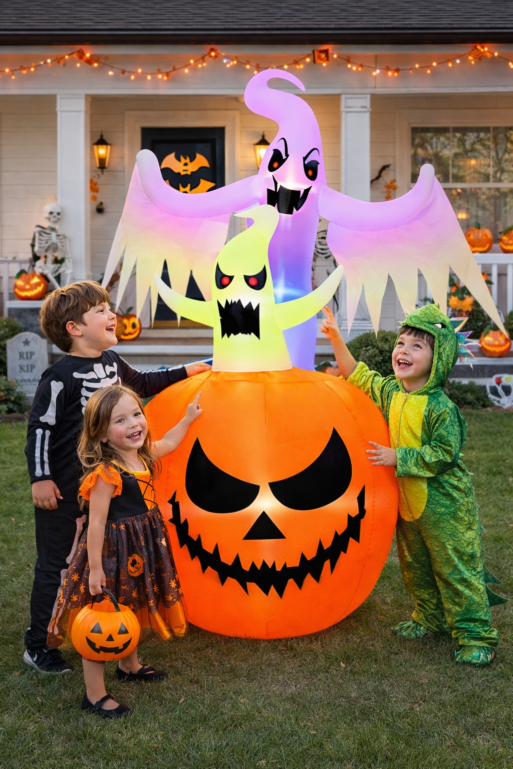 Firstness 6ft Tall Halloween Inflatable, Pumpkin Ghost with LED Light Flashing for Halloween Outdoor Holiday Yard Decorations