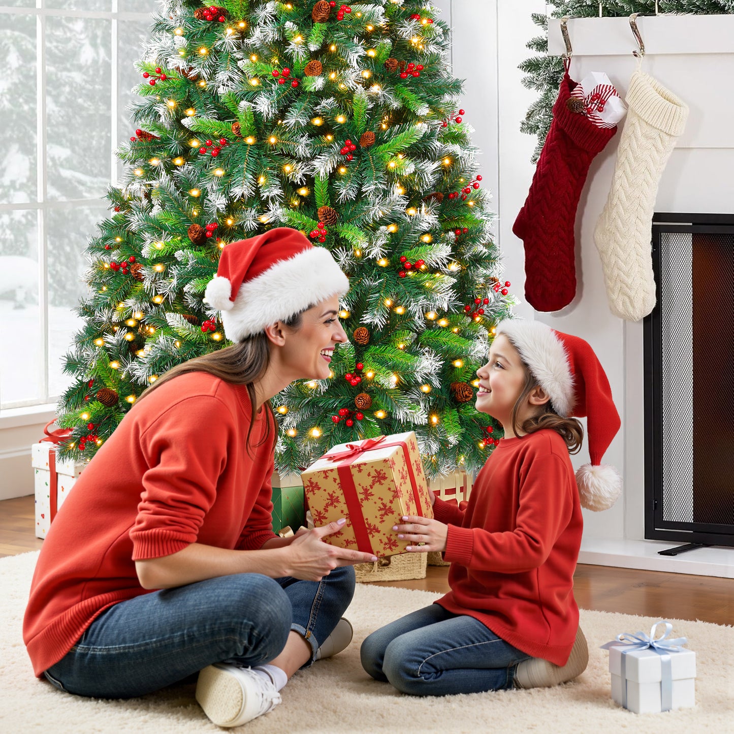 Firstness 6ft Pre-Lit Artificial Christmas Tree,Green Xmas Tree with 1000 Branch Tips 300 LED Lights,Pine Cones + Red Berries