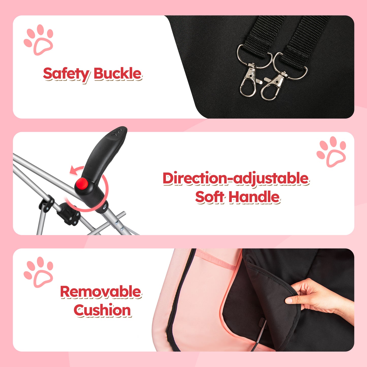 Monasem Pets Stroller, Dog Cat Stroller 3-in-1 Detachable Doggy Stroller with Portable Bag for Small Medium Dogs Travel(Pink)