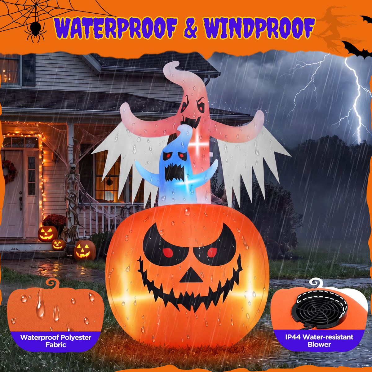 Firstness 6ft Tall Halloween Inflatable,Ghosts Pumpkin with Colorful Flashing Lights,Blow ups Halloween Outdoor Decorations