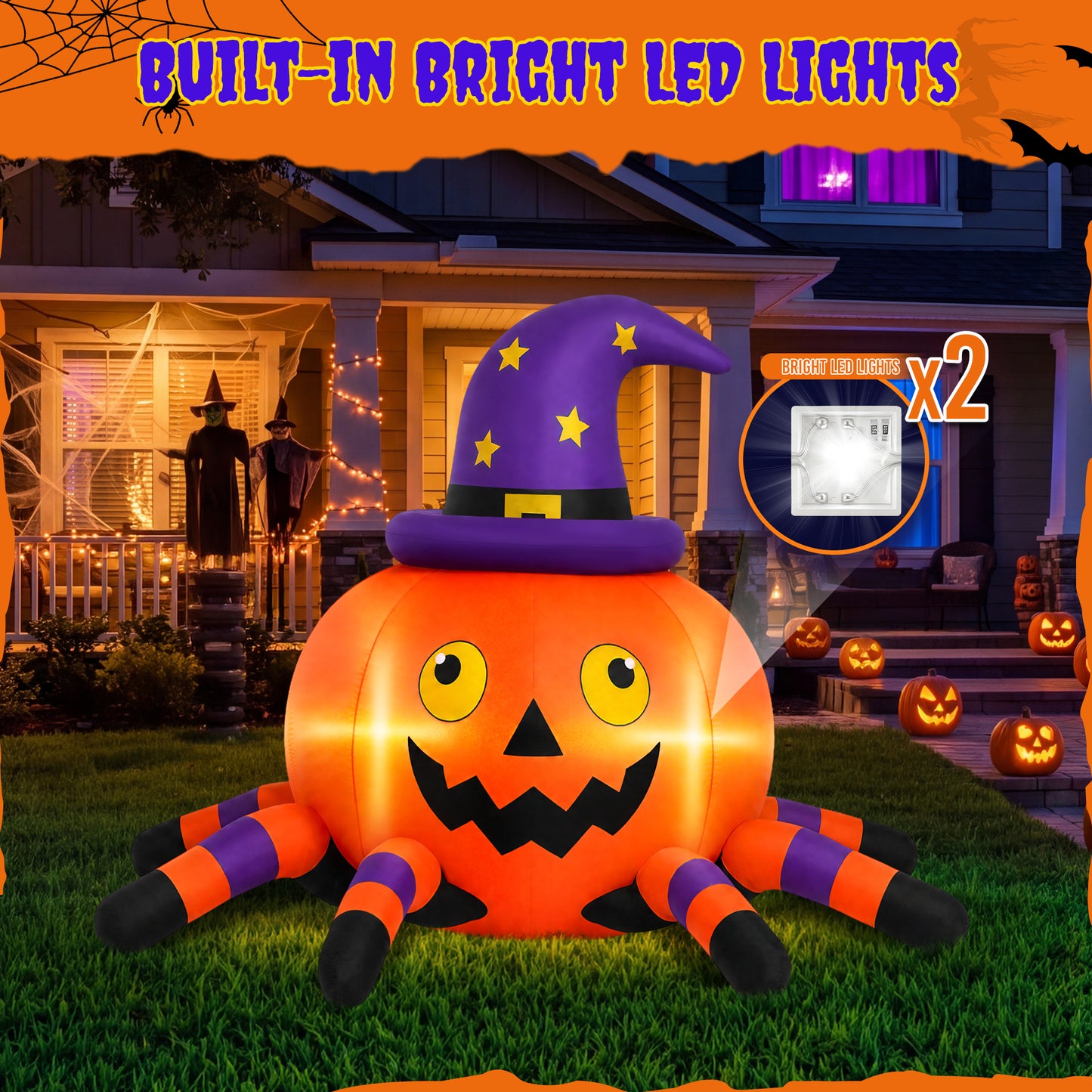 Firstness 6FT Halloween Inflatable Pumpkin Spider with LED Lights Outdoor Decorations for Yard Party