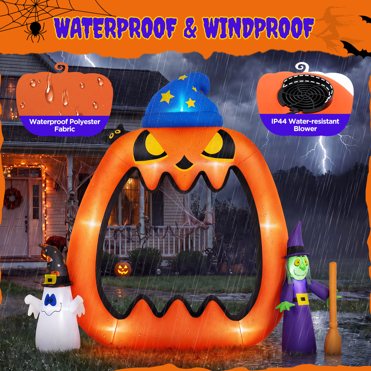 Firstness 8.2ft Halloween Inflatable Pumpkins Photo Door with Ghost Witch Yard Party Outdoor Decorations with LED Lights