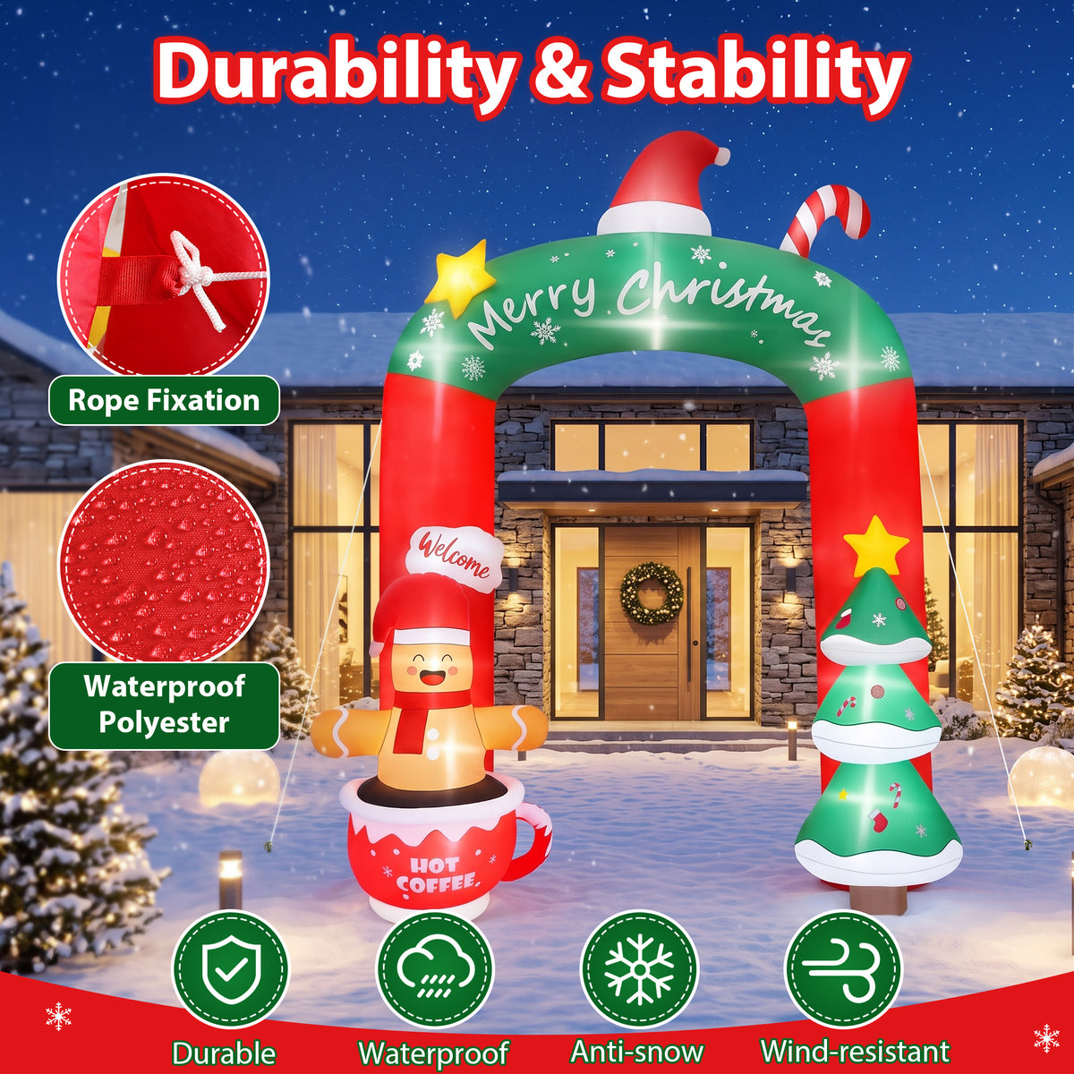 Firstness 9ft Christmas Inflatables Archway Christmas Blow ups with LED Lights, Arch Xmas Tree & Cup Gingerbread Man Outdoor Yard Decoration