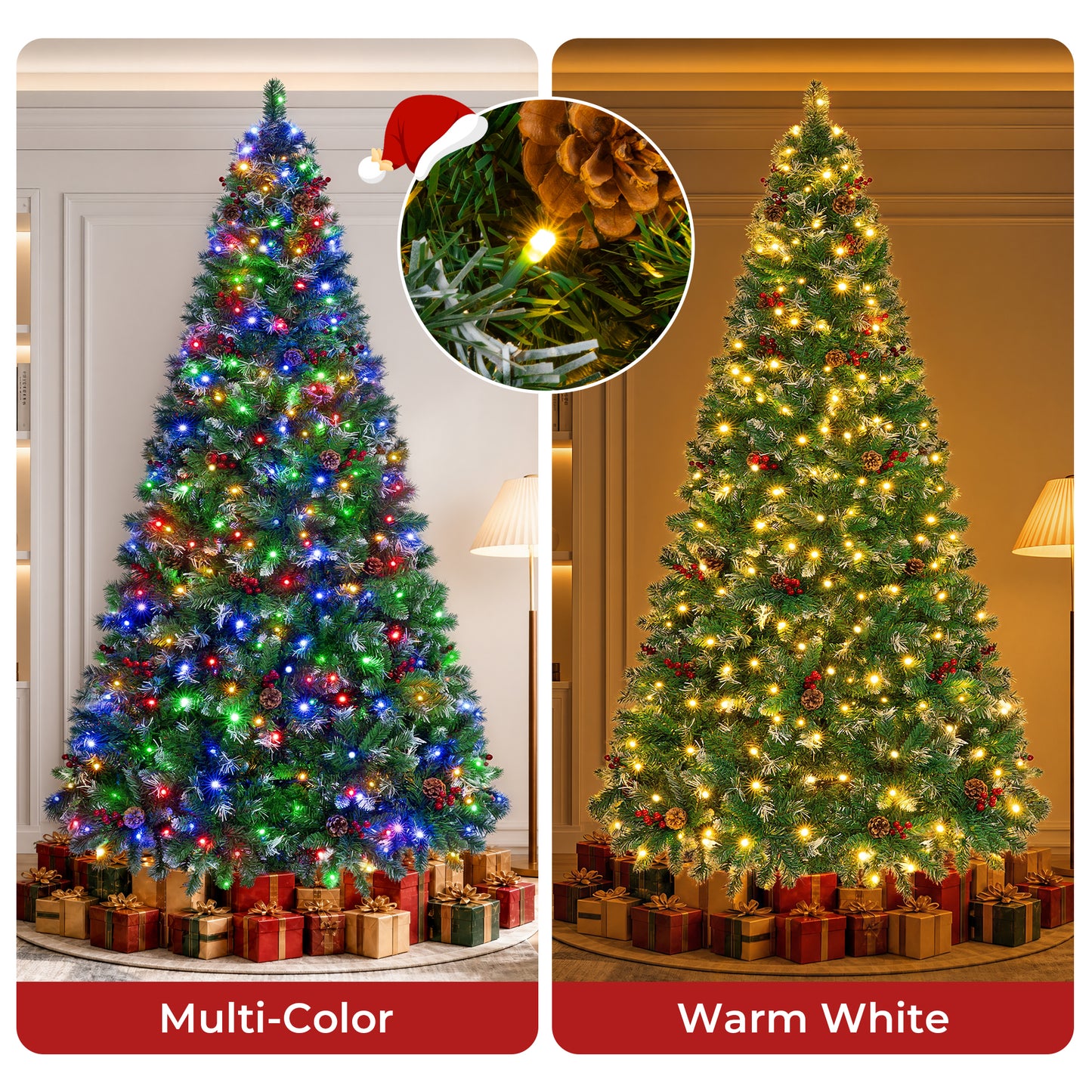 Firstness 9ft Pre-Lit Artificial Christmas Tree with Storage Bag, Warm & Multicolor Xmas Tree with 2300 Branch Tips,Pine Cones + Red Berries