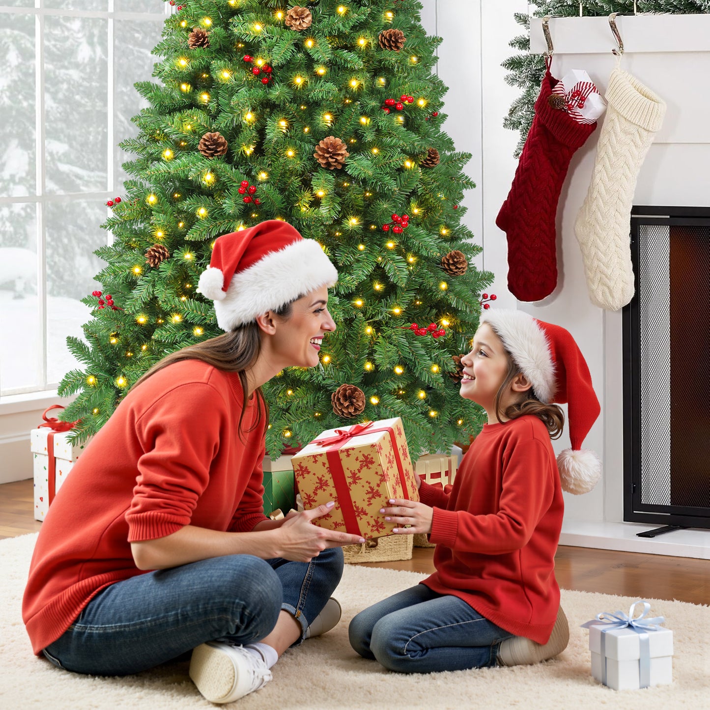 Firstness 6ft Pre-Lit Artificial Christmas Tree,Green Xmas Tree with Lights and Branch Tips,Pine Cones and Red Berries