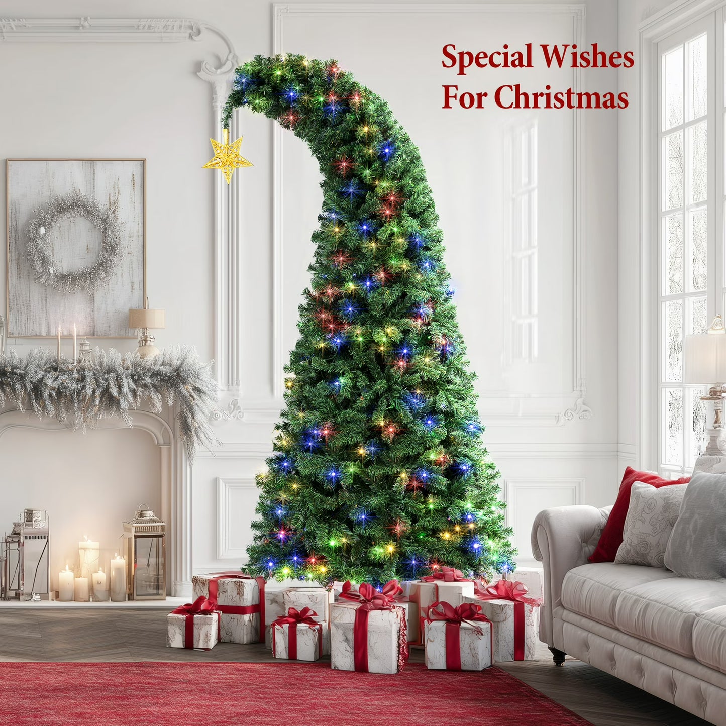 6/7.5FT Christmas Tree Crooked Neck, Prelit Artificial Xmas Tree with 600 Colorful Lights & 11 Modes, 1200 Branch Tips, PVC Bendable Top Christmas Tree for Home, Shop, Office, School Holiday Decor
