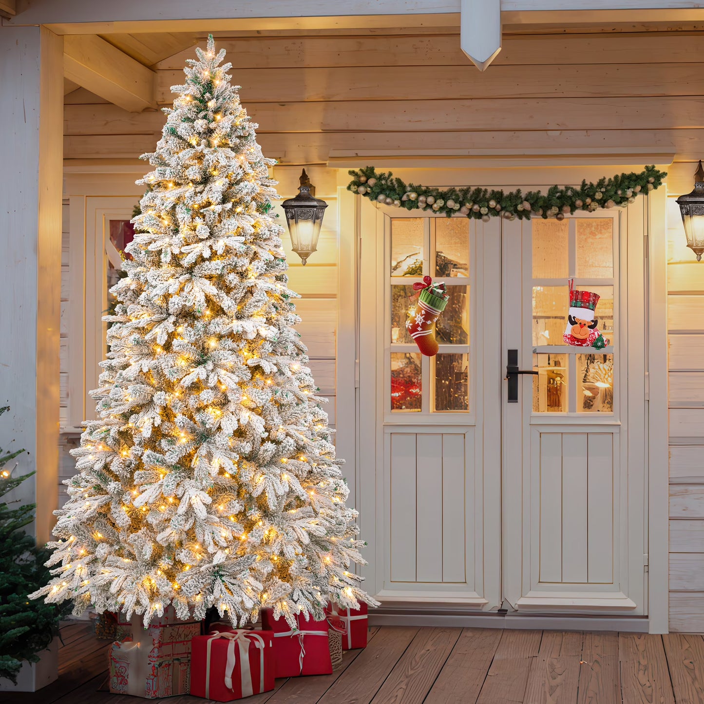 Firstness 6ft Pre-Lit Artificial Christmas Tree with 300 LED Lights,Snow Flocked Xmas Tree