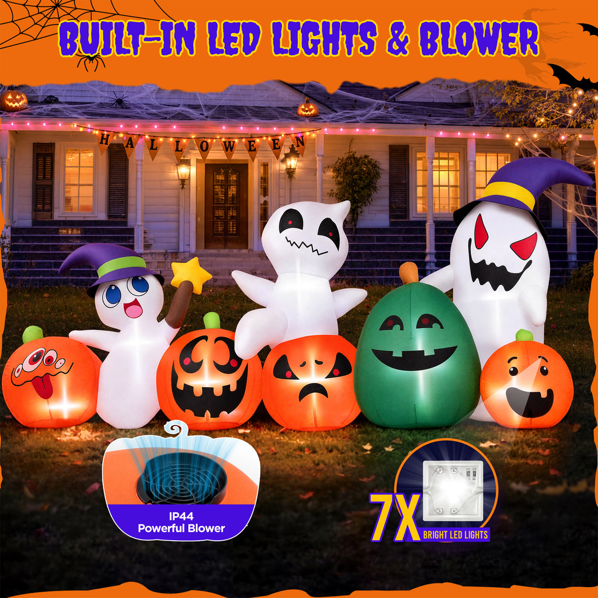 Firstness 7ft Long Halloween Inflatable with Lights,Pumpkin Ghost for Outdoor Decorations