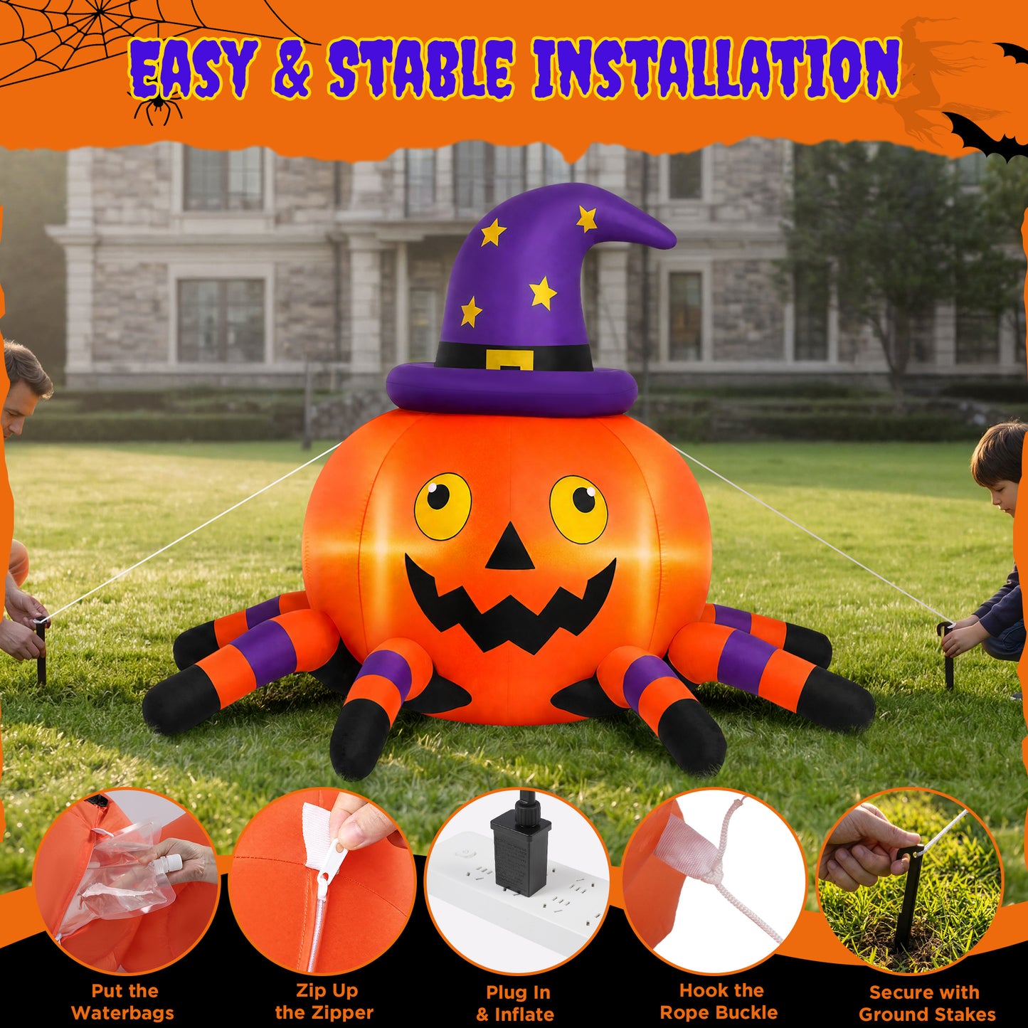 Firstness 6FT Halloween Inflatable Pumpkin Spider with LED Lights Outdoor Decorations for Yard Party