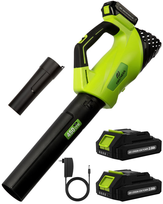 Firstness Cordless Leaf Blower, 450 CFM 145 MPH Electric Blower with 2 Speeds, 2×2.0Ah Batteries and Charger, Lightweight for Yard, Patio and Dust Cleaning