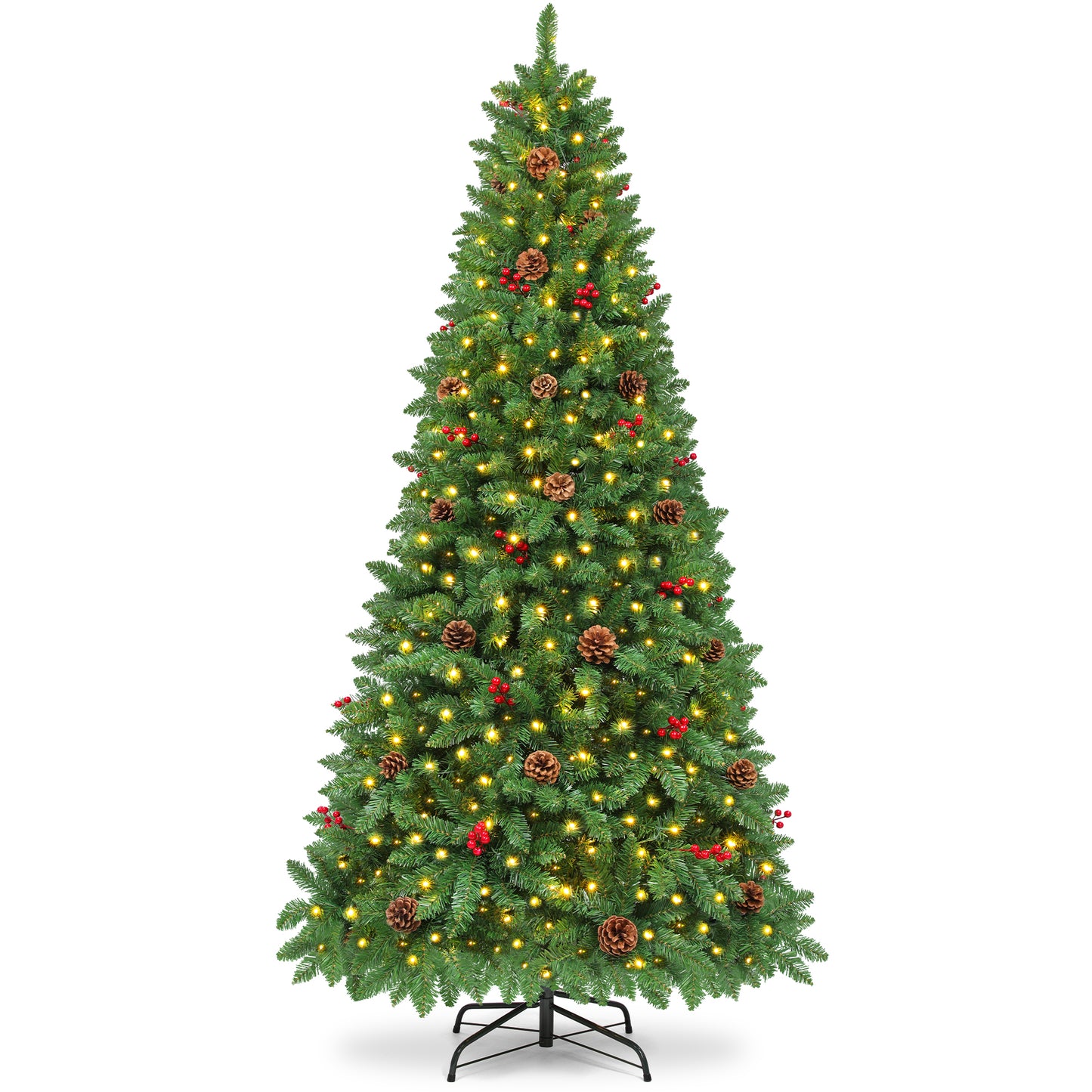 Firstness 6ft Pre-Lit Artificial Christmas Tree,Green Xmas Tree with Lights and Branch Tips,Pine Cones and Red Berries