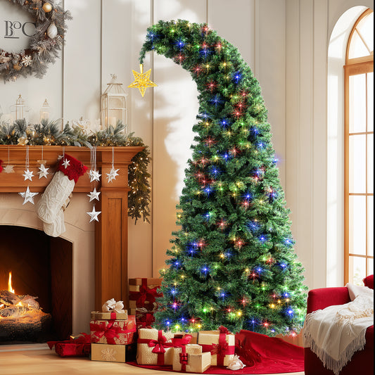 7.5FT Christmas Tree Crooked Neck, Prelit Artificial Xmas Tree with 600 Colorful Lights & 11 Modes, 1200 Branch Tips, PVC Bendable Top Christmas Tree for Indoor Outdoor Holiday Decor
