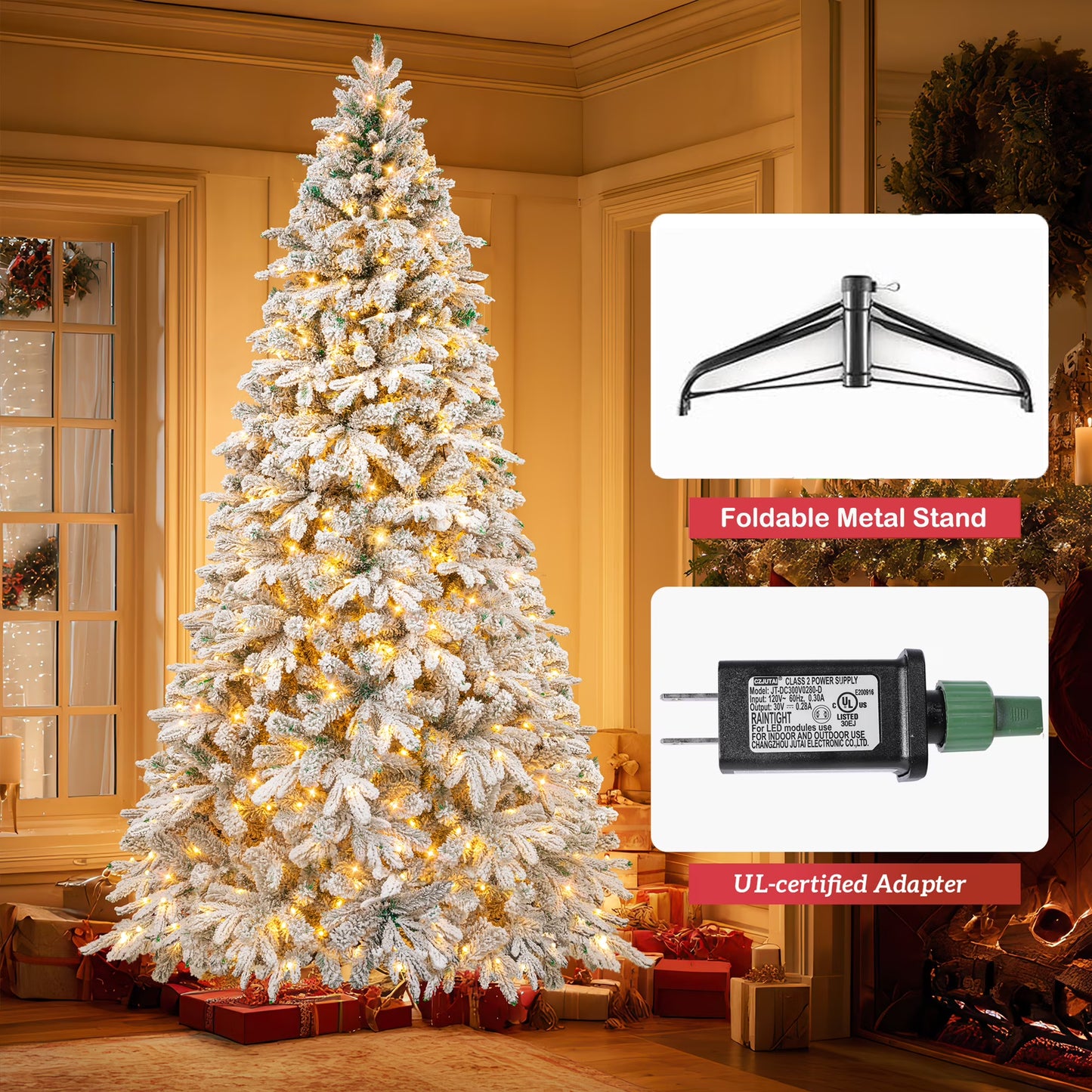 Firstness 6ft Pre-Lit Artificial Christmas Tree with 300 LED Lights,Snow Flocked Xmas Tree