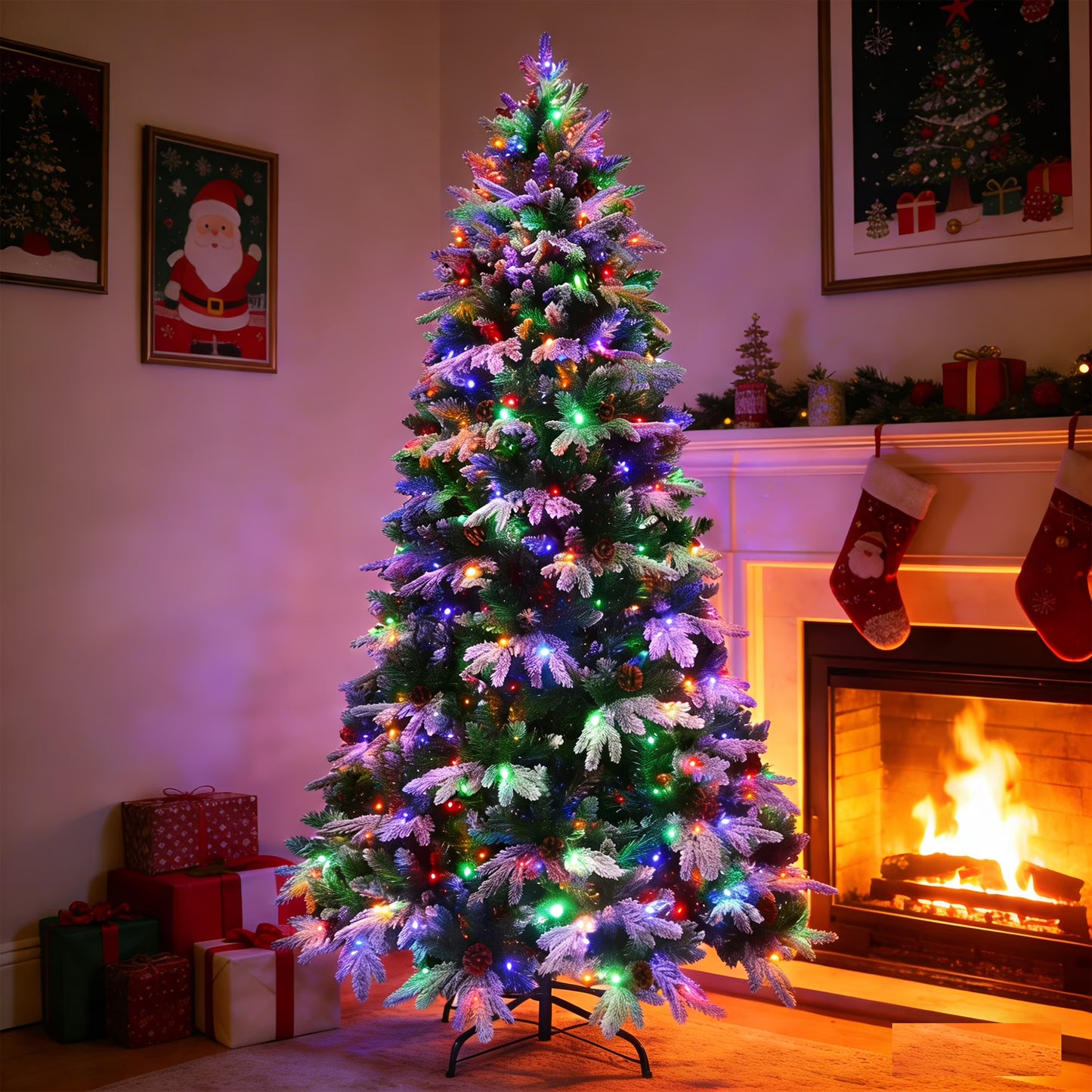 Firstness 6ft Christmas Tree PE Flocked Artificial Christmas Tree with Colorful Lights,Green White