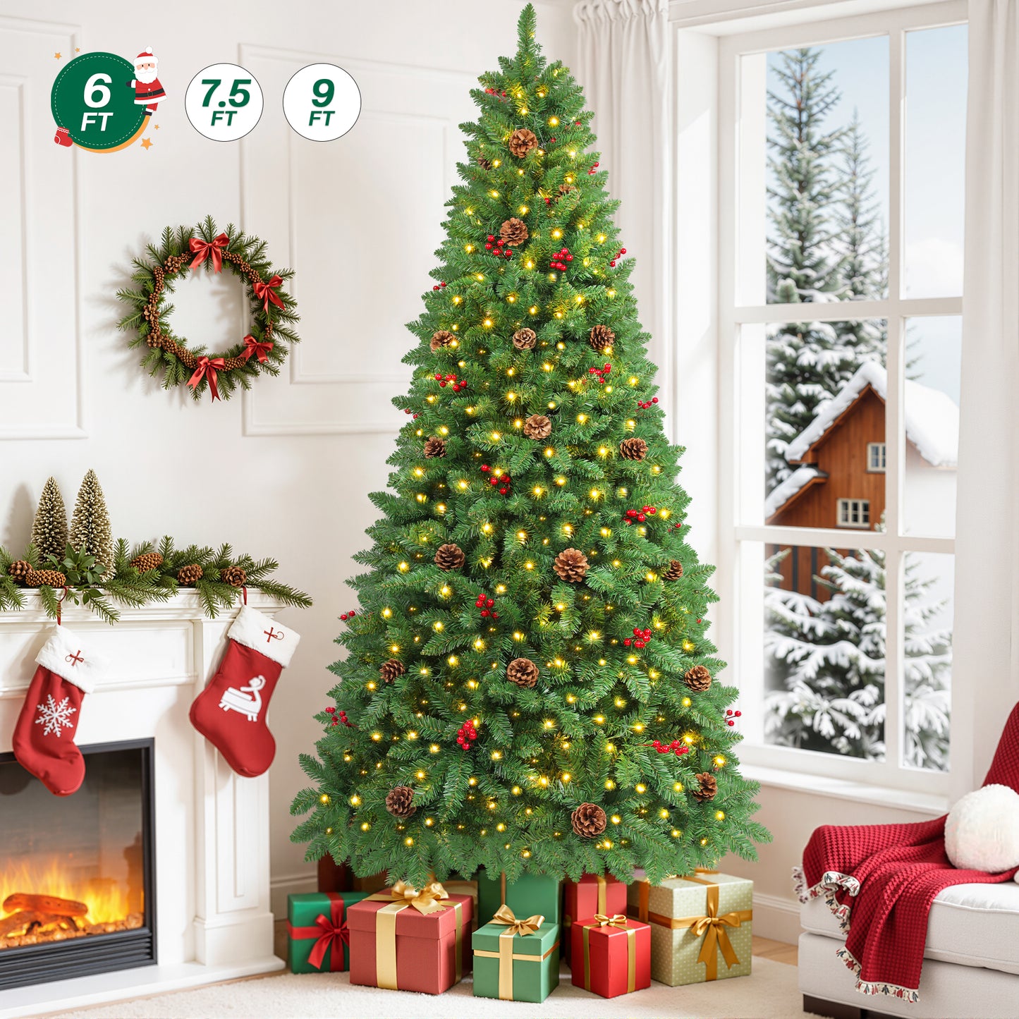 Firstness 6ft Pre-Lit Artificial Christmas Tree,Green Xmas Tree with Lights and Branch Tips,Pine Cones and Red Berries