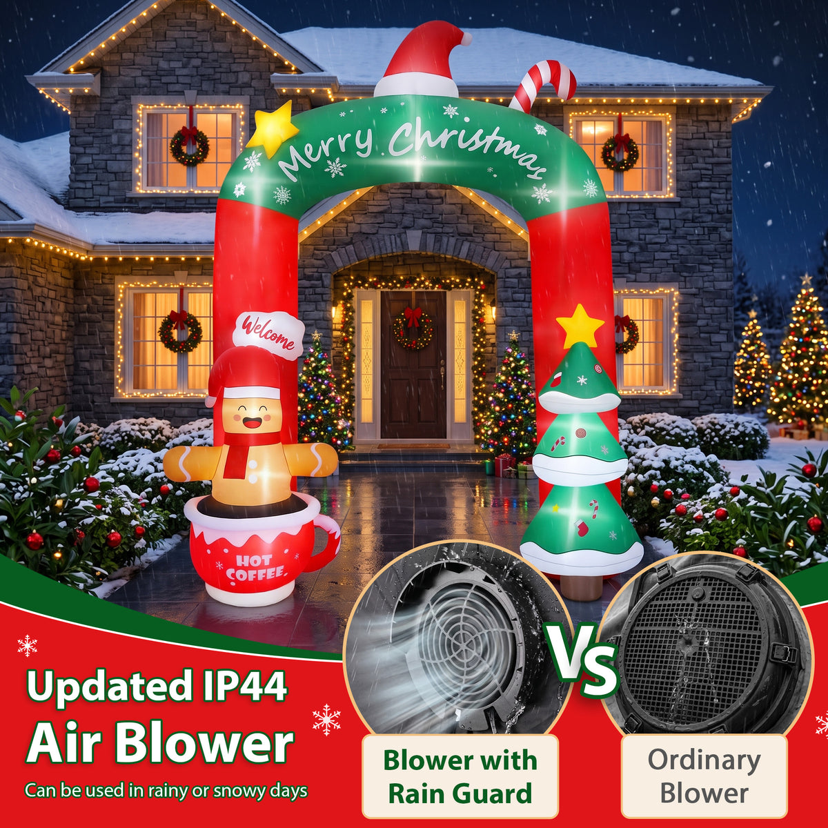 Firstness 9ft Christmas Inflatables Archway Christmas Blow ups with LED Lights, Arch Xmas Tree & Cup Gingerbread Man Outdoor Yard Decoration