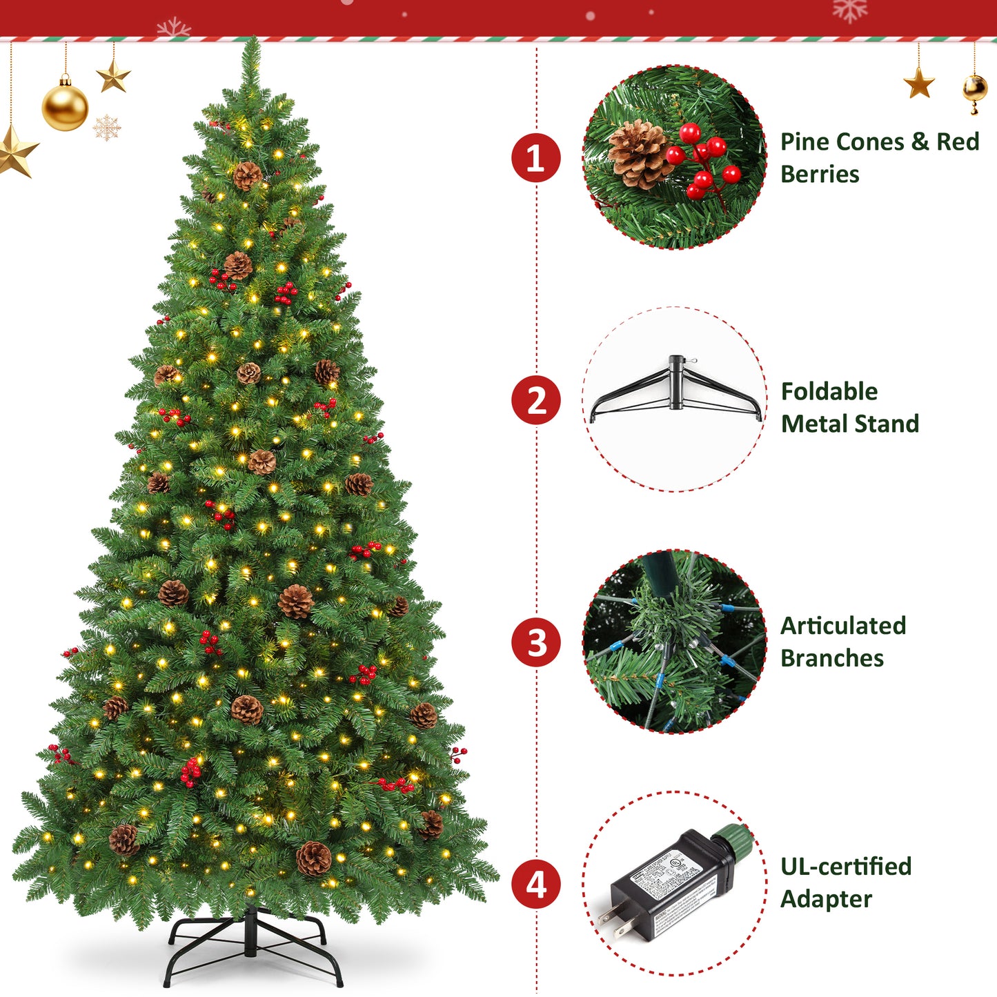 Firstness 6ft Pre-Lit Artificial Christmas Tree,Green Xmas Tree with Lights and Branch Tips,Pine Cones and Red Berries
