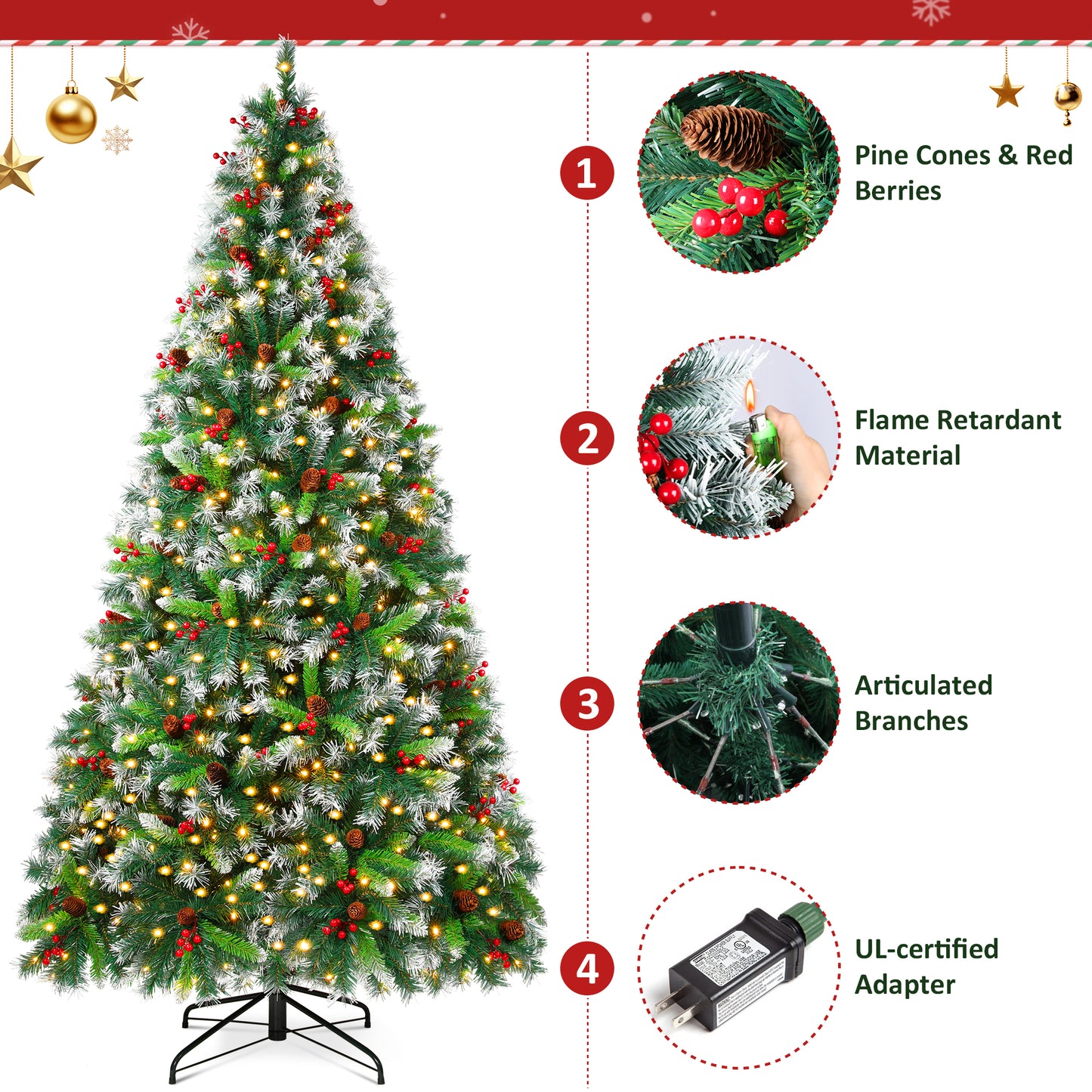 Firstness 6ft Pre-Lit Artificial Christmas Tree,Green Xmas Tree with 1000 Branch Tips 300 LED Lights,Pine Cones + Red Berries
