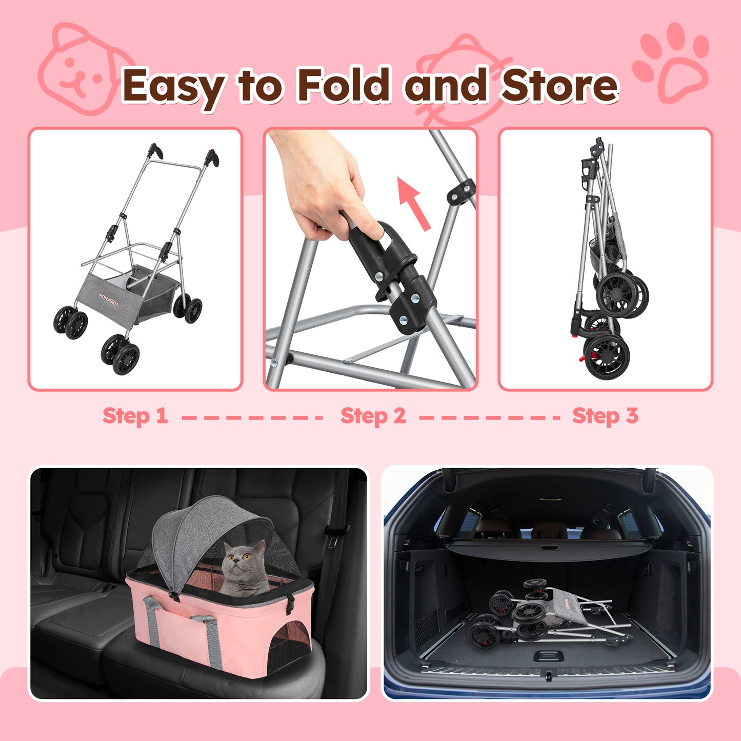 Monasem Pets Stroller, Dog Cat Stroller 3-in-1 Detachable Doggy Stroller with Portable Bag for Small Medium Dogs Travel(Pink)