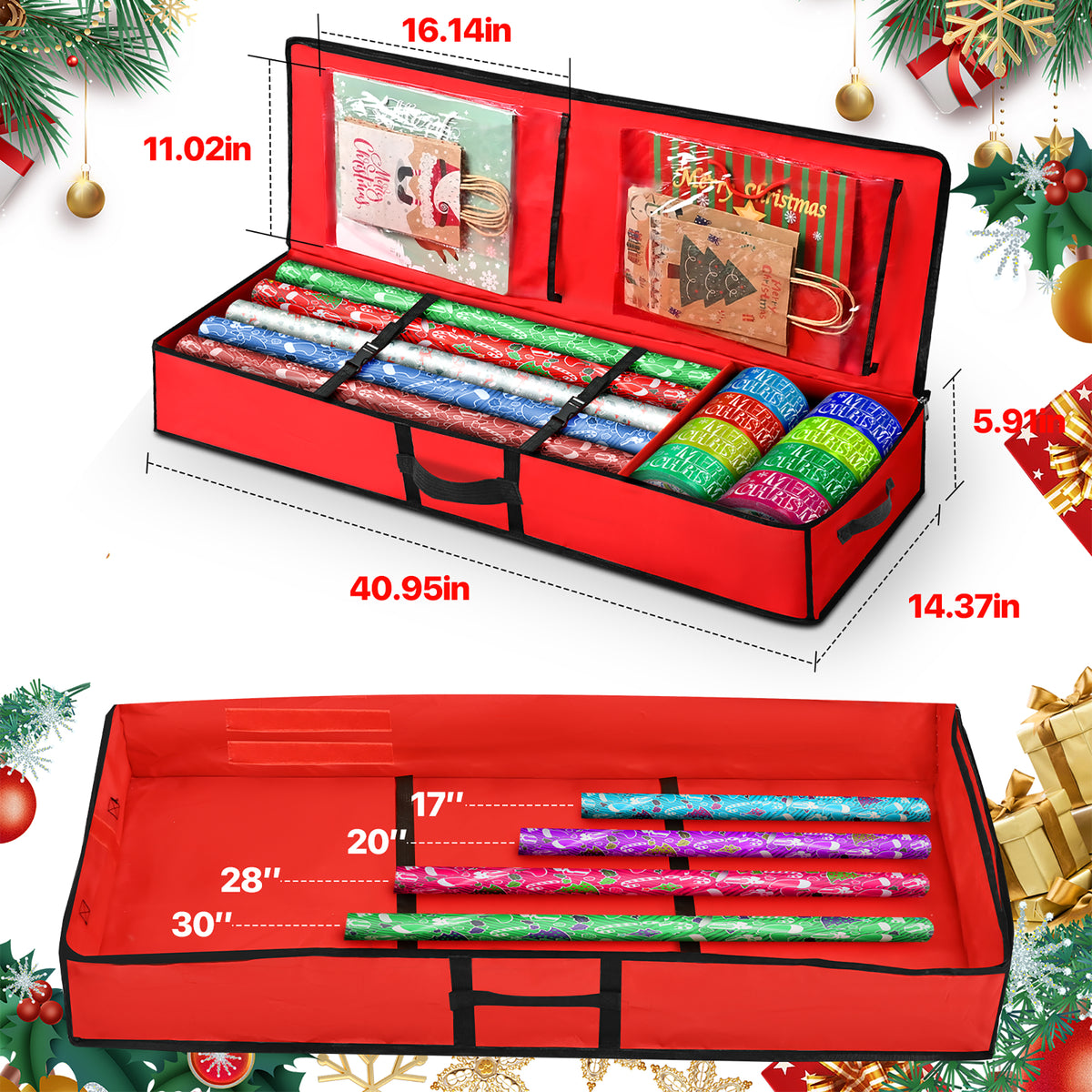 Firstness Christmas Wrapping Paper Storage Organizer,with Flexible Partitions and Pockets