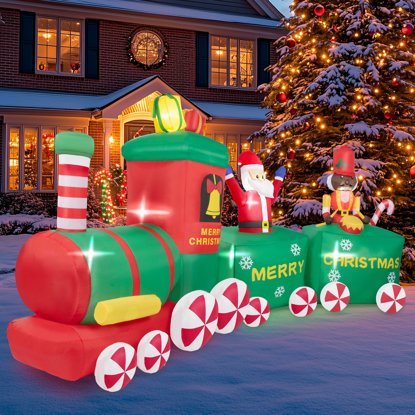 Firstness 7ft Long Christmas Inflatables Santa Claus on Sleigh with 2 Reindeer Outdoor Decorations with LED Lights for Party Yard Garden Lawn Xmas Decor