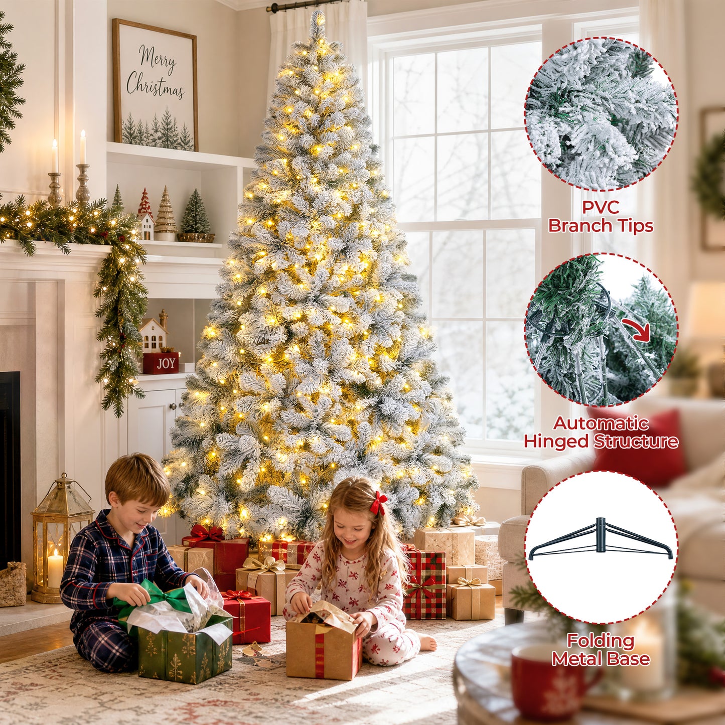 Firstness 7.5ft Pre-Lit Artificial Christmas Tree with 1400 Branches,11 lighting Mode Snow Flocked Xmas Tree with Storage Bag