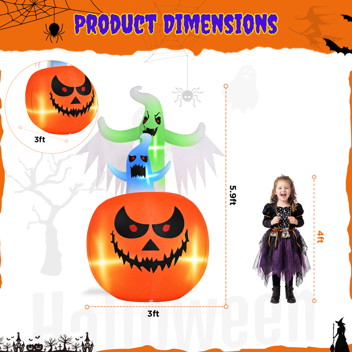 Firstness 6ft Tall Halloween Inflatable,Ghosts Pumpkin with Colorful Flashing Lights,Blow ups Halloween Outdoor Decorations
