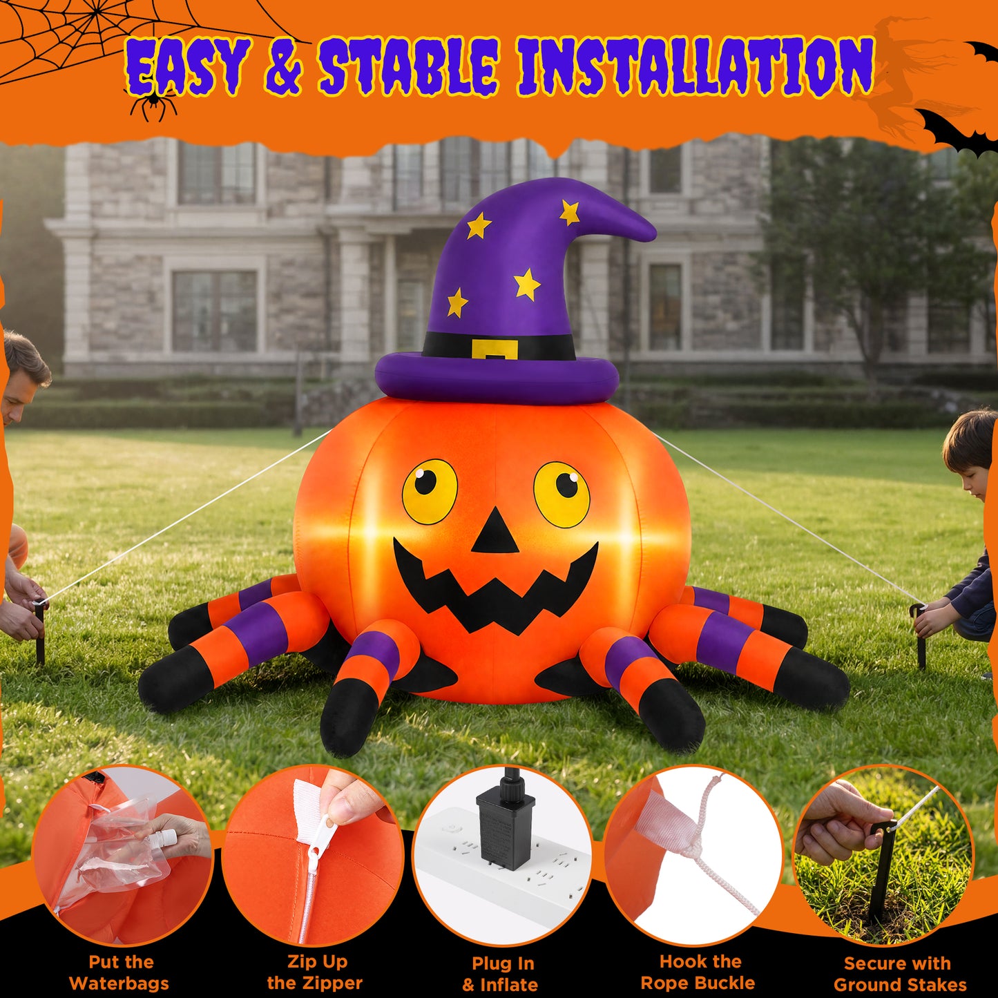Firstness 6FT Halloween Inflatable Pumpkin Spider with LED Lights Outdoor Decorations for Yard Party