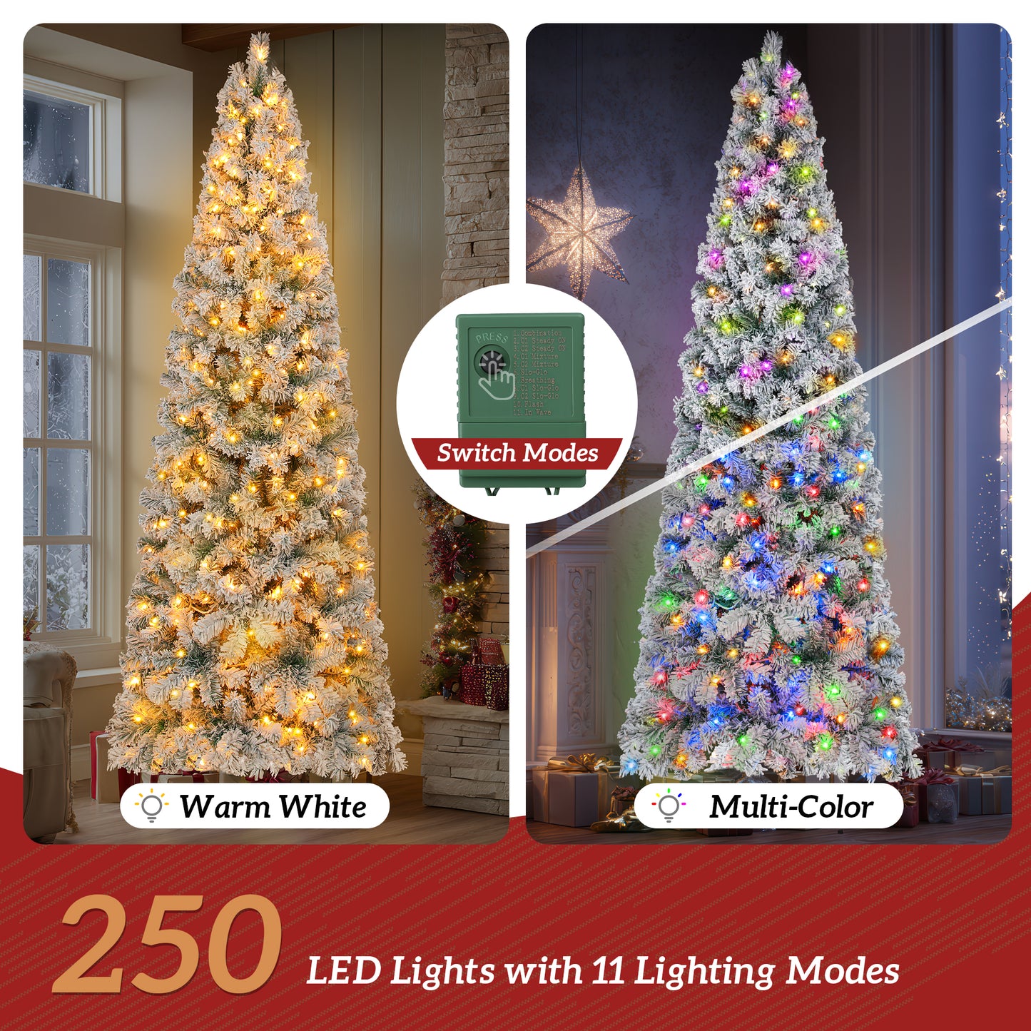 Firstness 6/7.5/8/9ft Pre-Lit Flocked Portland Pine Pencil Artificial Christmas Tree
