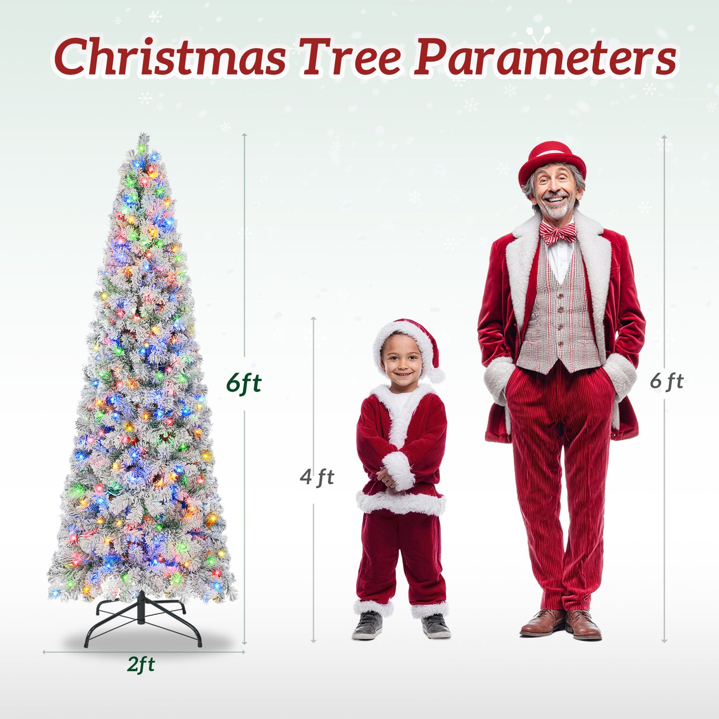 Firstness 6/7.5/8/9ft Pre-Lit Flocked Portland Pine Pencil Artificial Christmas Tree