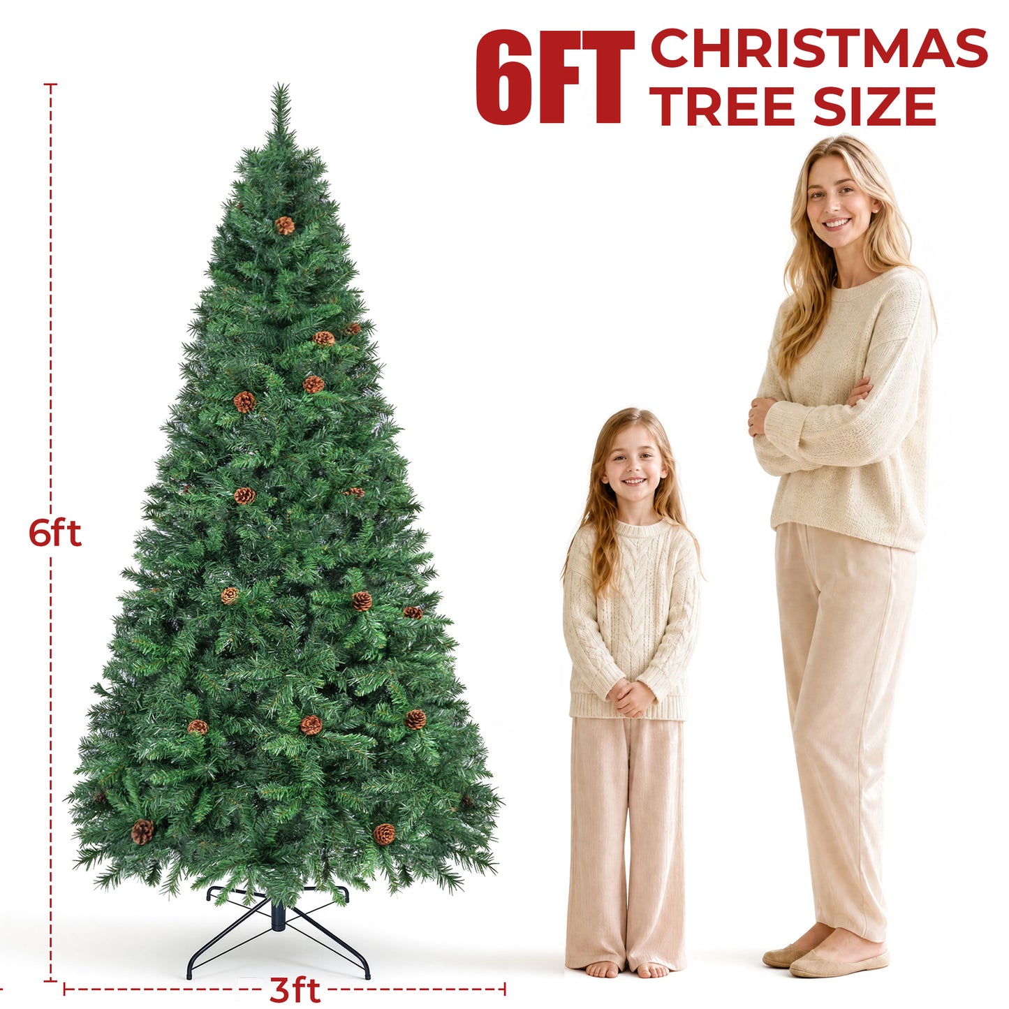 Firstness 6ft Pre-Lit Christmas Tree with 925 Branch Tips, Green Artificial Xmas Tree with Pine Cones, 8 Lighting Modes