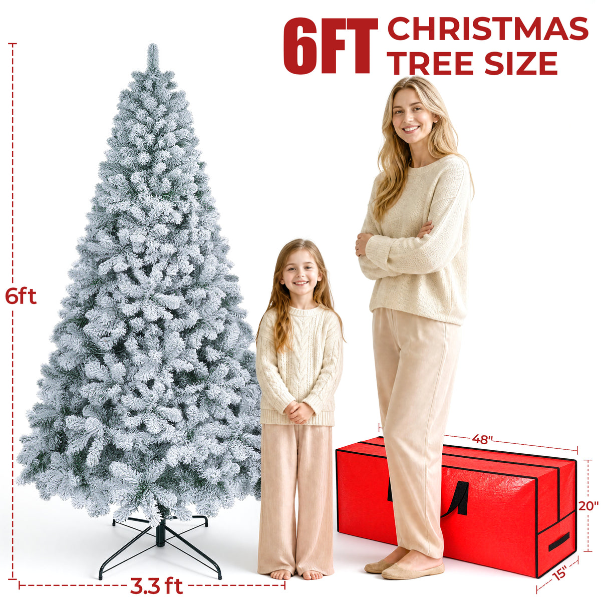Firstness 6ft Pre-Lit Artificial Christmas Tree with 925 Branches,11 lighting Mode Snow Flocked Xmas Tree with Storage Bag