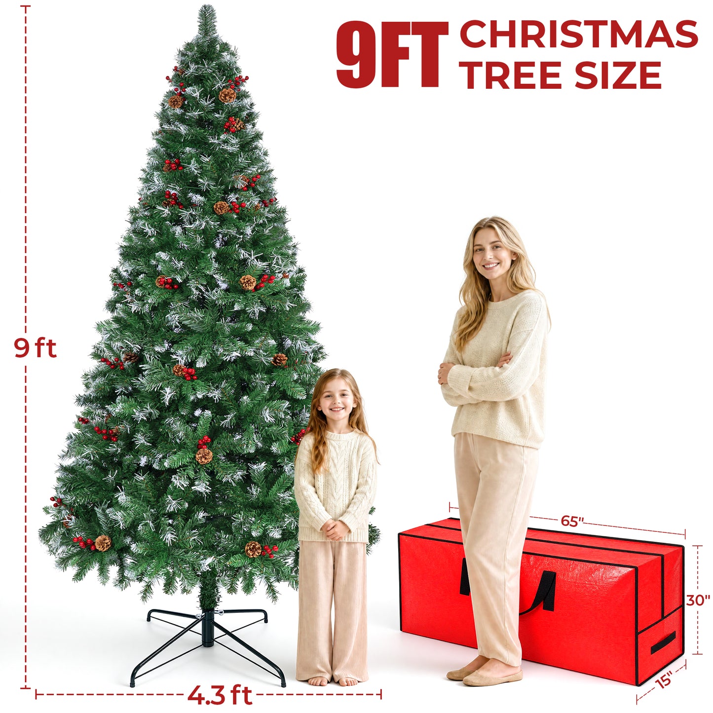 Firstness 9ft Pre-Lit Artificial Christmas Tree with Storage Bag, Warm & Multicolor Xmas Tree with 2300 Branch Tips,Pine Cones + Red Berries