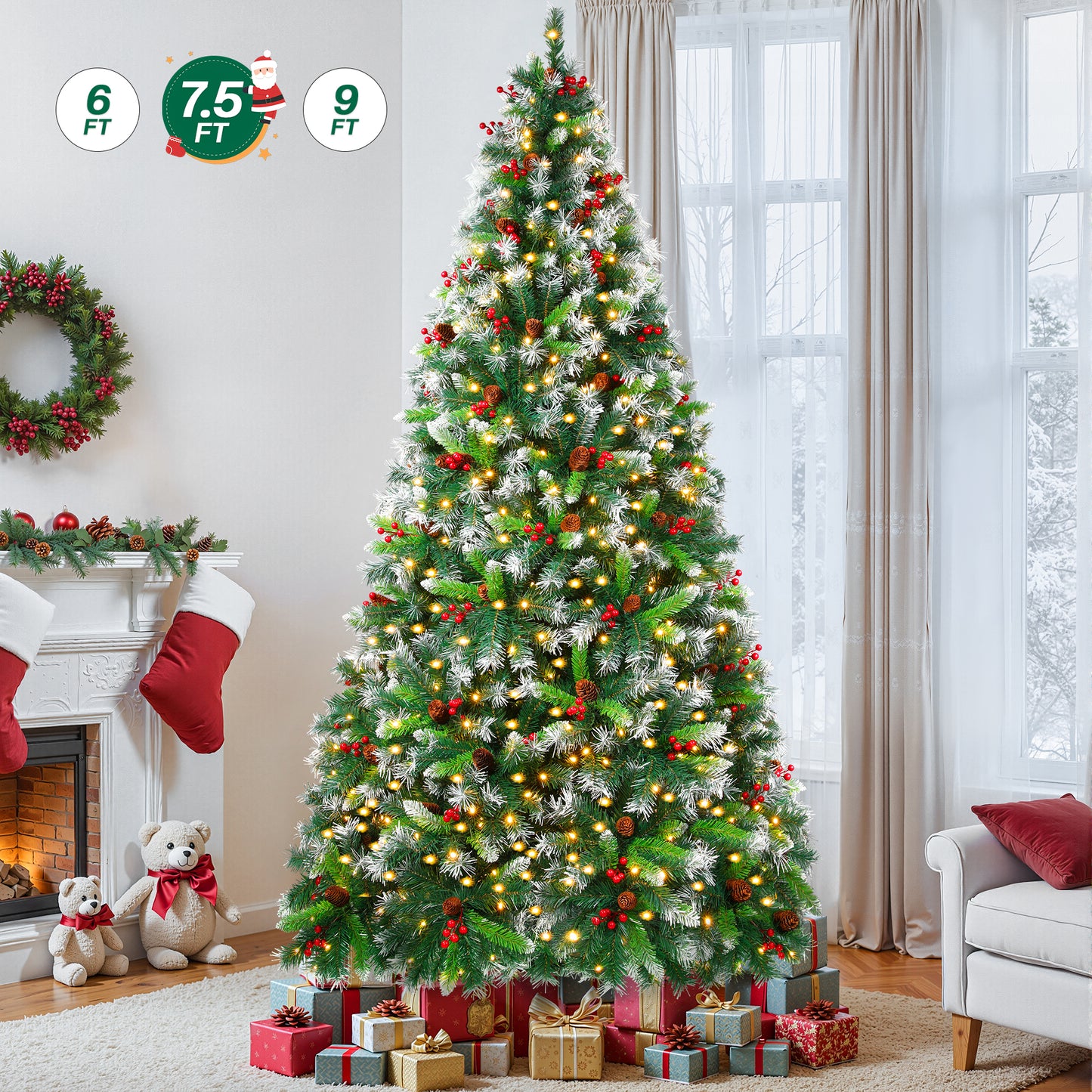 Firstness 6ft Pre-Lit Artificial Christmas Tree,Green Xmas Tree with 1000 Branch Tips 300 LED Lights,Pine Cones + Red Berries