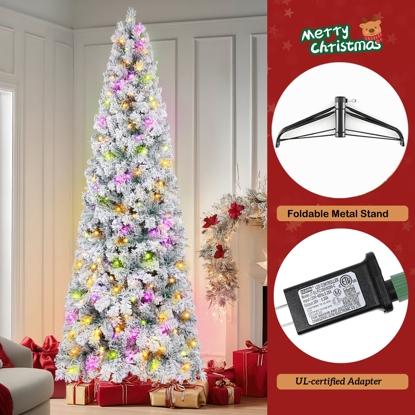 Firstness 6/7.5/8/9ft Pre-Lit Flocked Portland Pine Pencil Artificial Christmas Tree