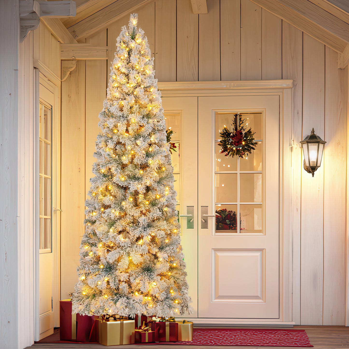 Firstness 6/7.5/8/9ft Pre-Lit Flocked Portland Pine Pencil Artificial Christmas Tree