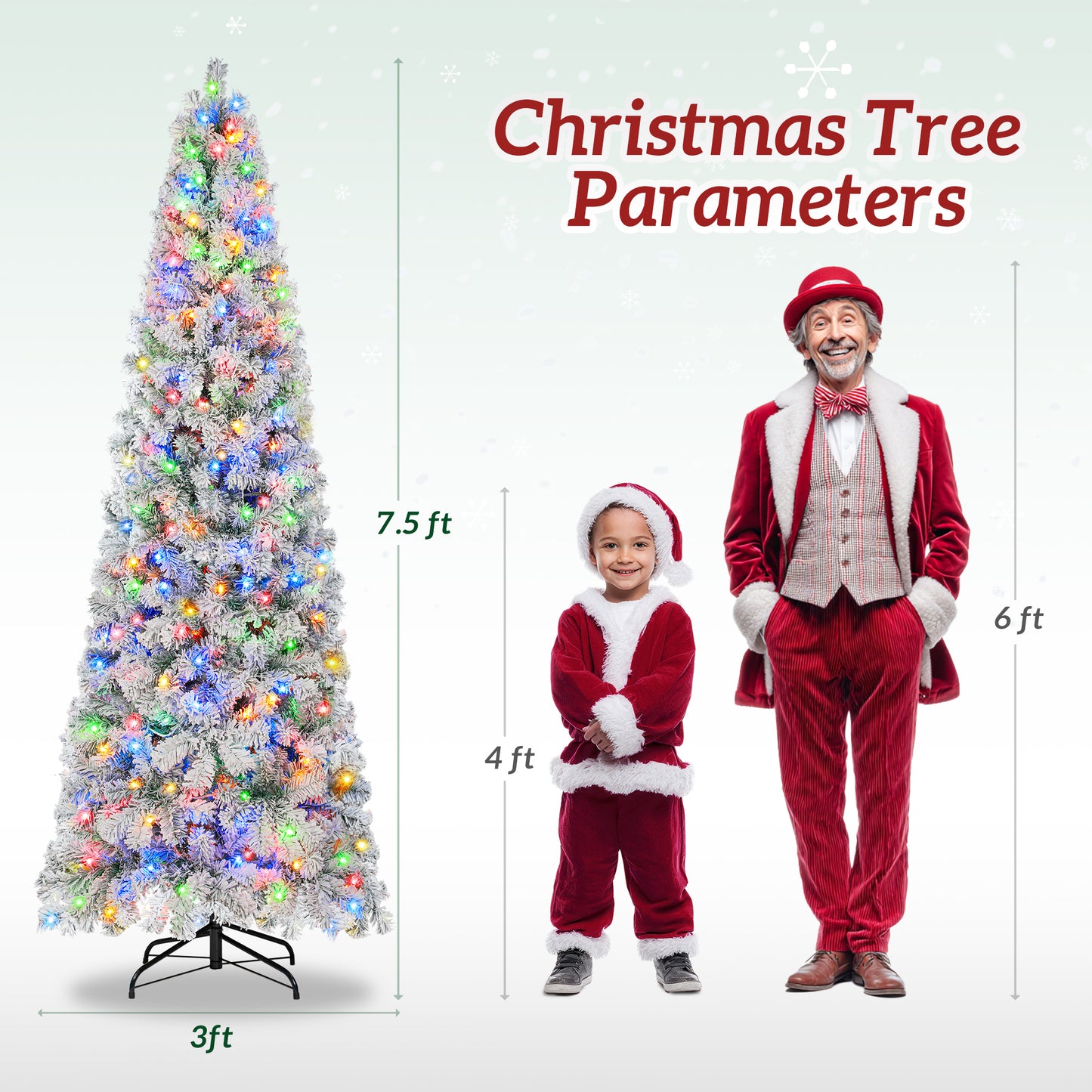 Firstness 6/7.5/8/9ft Pre-Lit Flocked Portland Pine Pencil Artificial Christmas Tree