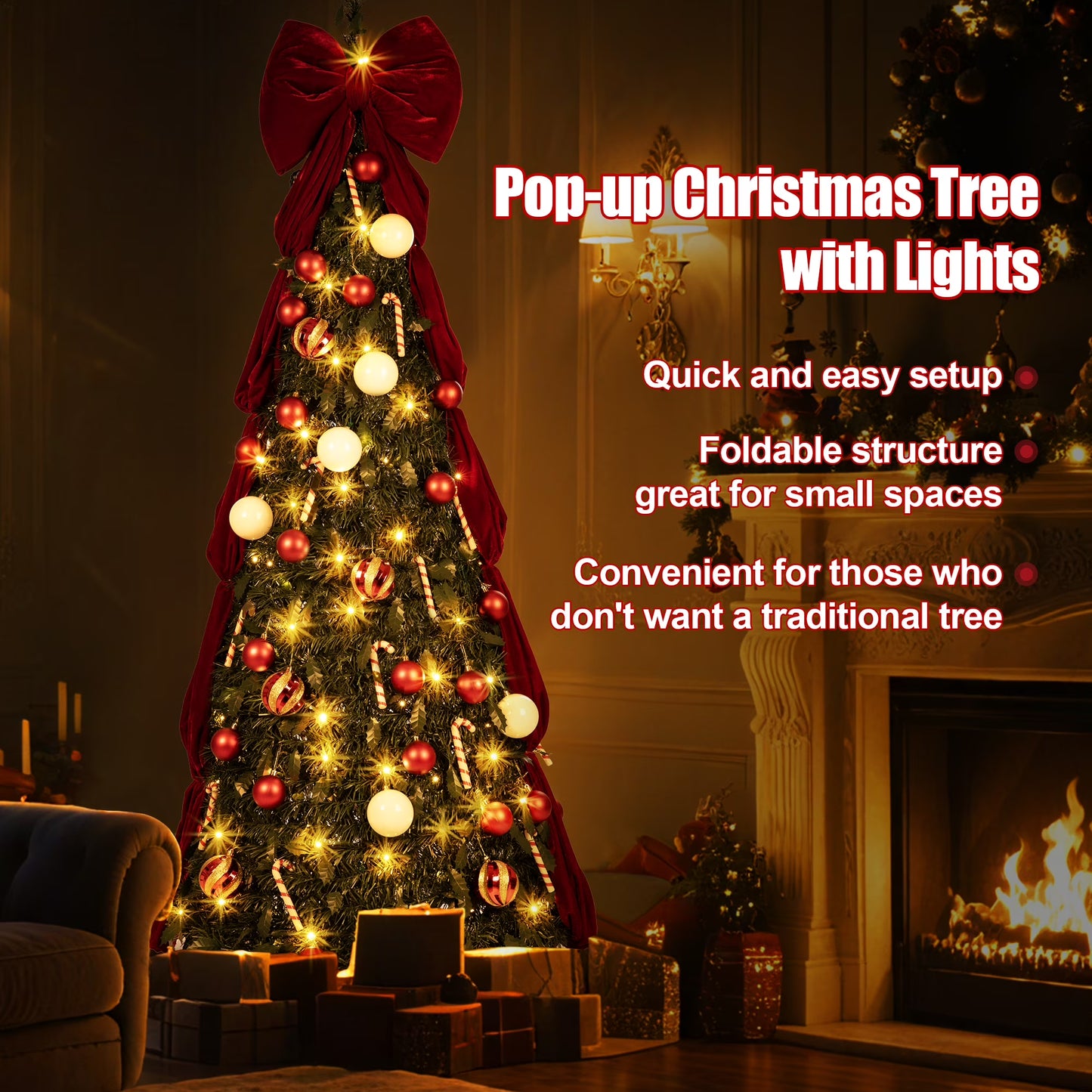 Firstness Christmas Tree 6/7.5FT, Pop up Pre Decorated Pre Lit Artificial Xmas Tree with 150 LED Lights, Large Bow & Ornaments, Lighted Christmas Tree for Holiday Party Decorations, Easy Installation