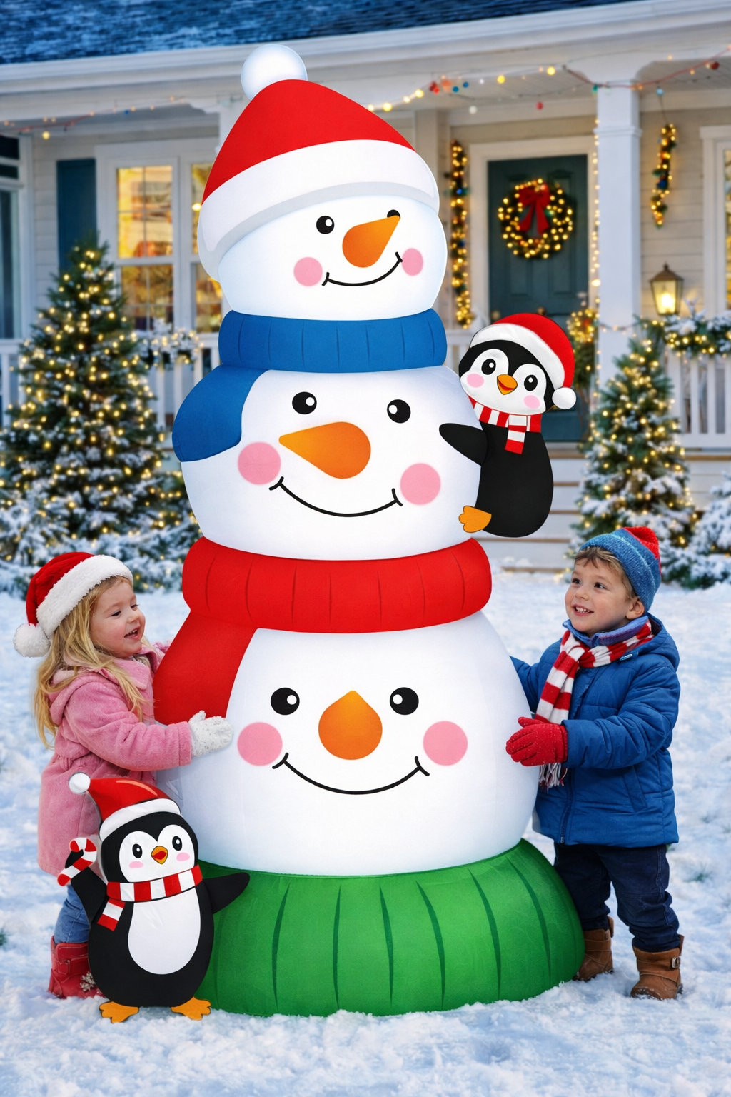 Firstness 4ft Tall Christmas Inflatables Snowman Blow ups Xmas Inflatable Outdoor Decoration with LED Lights for Yard Garden Lawn