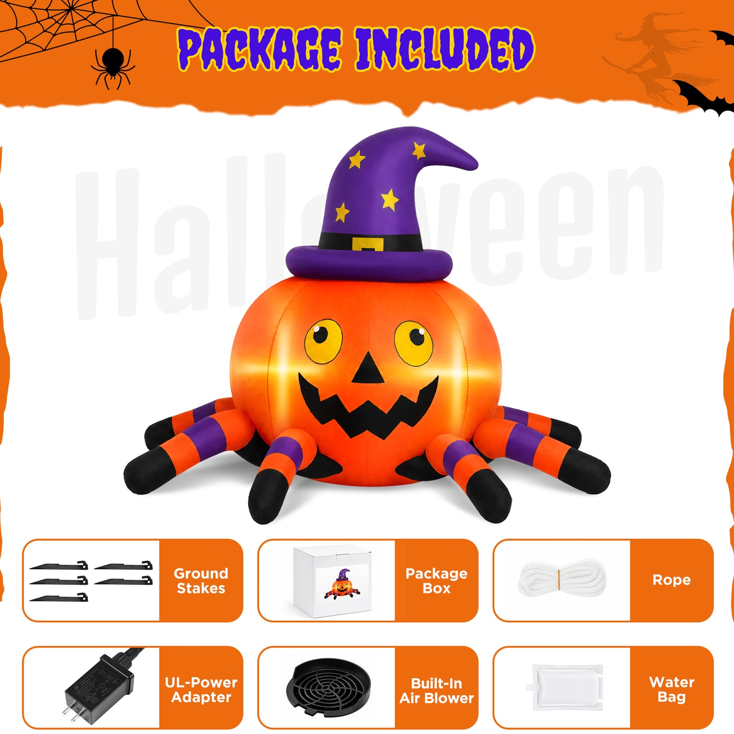 Firstness 6FT Halloween Inflatable Pumpkin Spider with LED Lights Outdoor Decorations for Yard Party