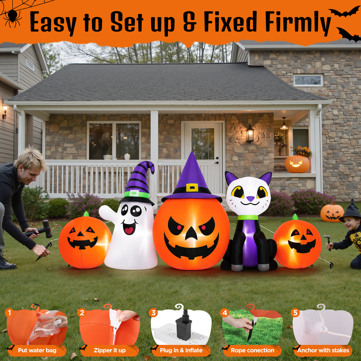 Firstness 8FT Halloween Inflatable Pumpkins Ghost Cat with Lights,Blow ups Outdoor Decorations for Yard