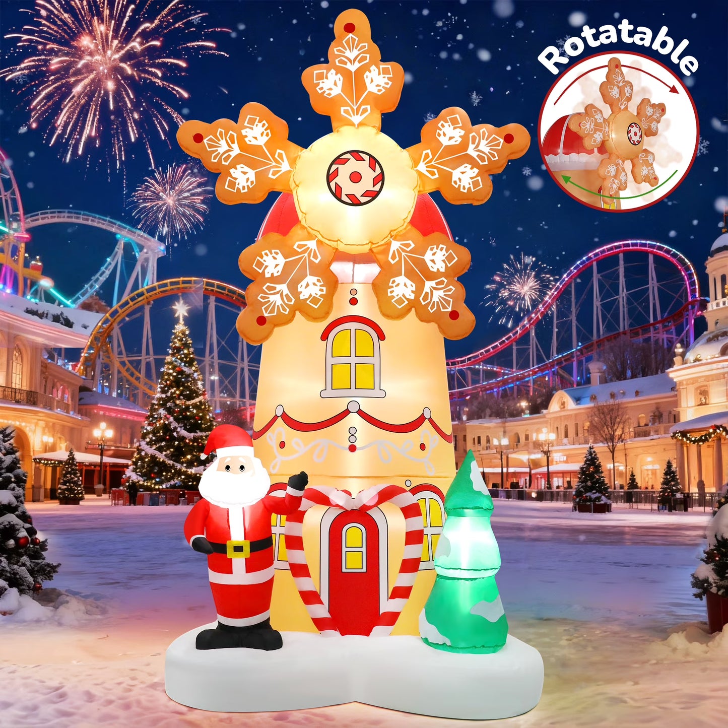 Firstness 8FT Christmas Inflatables Outdoor Decoration Christmas blow Ups Xmas Tree Windmill Spin Santa Claus for Holiday Lawn Yard Garden
