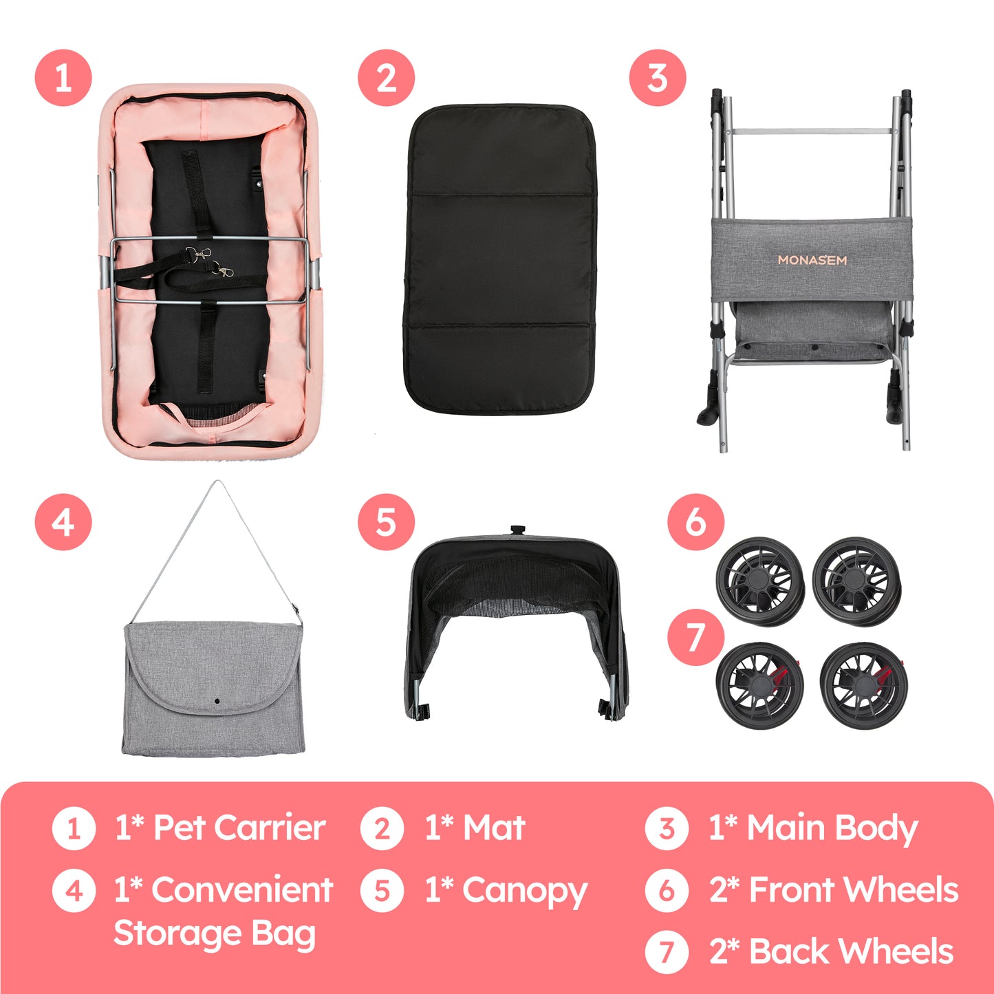 Monasem Pets Stroller, Dog Cat Stroller 3-in-1 Detachable Doggy Stroller with Portable Bag for Small Medium Dogs Travel(Pink)