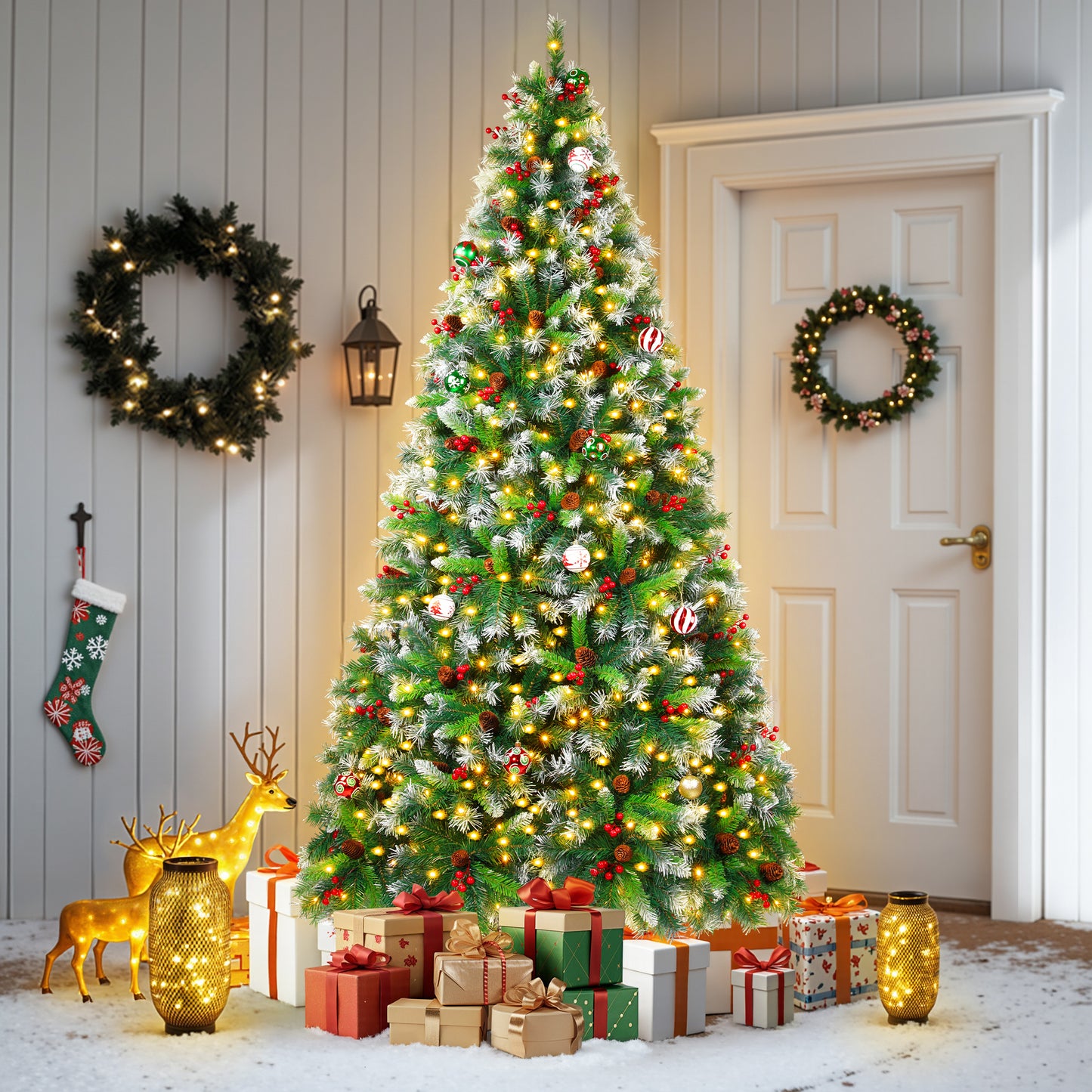 Firstness 6ft Pre-Lit Artificial Christmas Tree,Green Xmas Tree with 1000 Branch Tips 300 LED Lights,Pine Cones + Red Berries