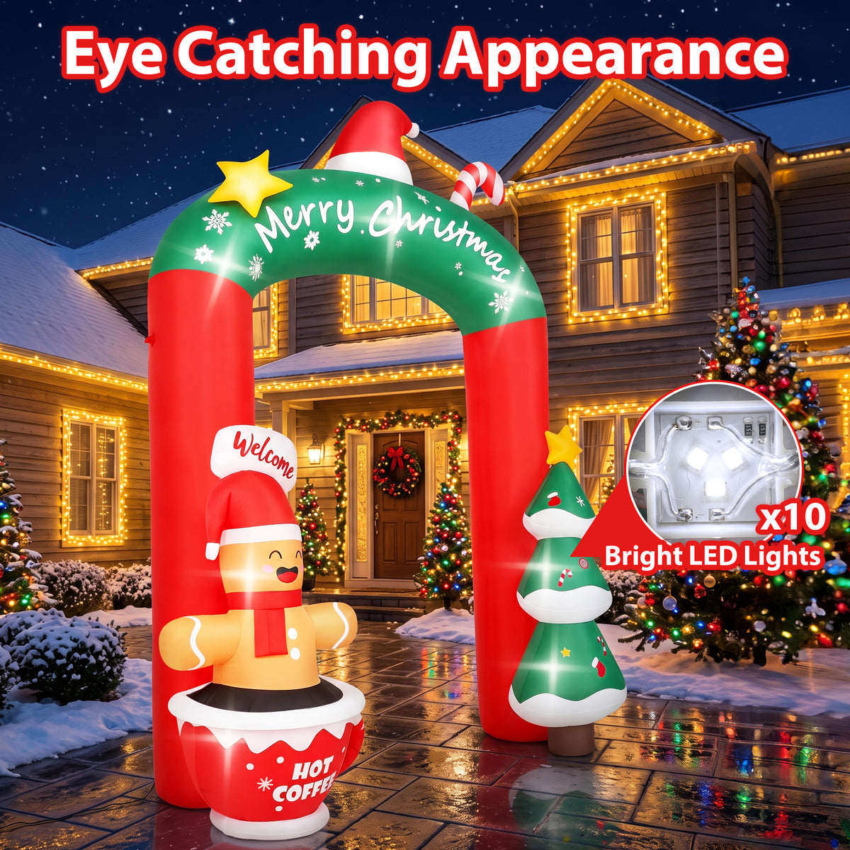 Firstness 9ft Christmas Inflatables Archway Christmas Blow ups with LED Lights, Arch Xmas Tree & Cup Gingerbread Man Outdoor Yard Decoration