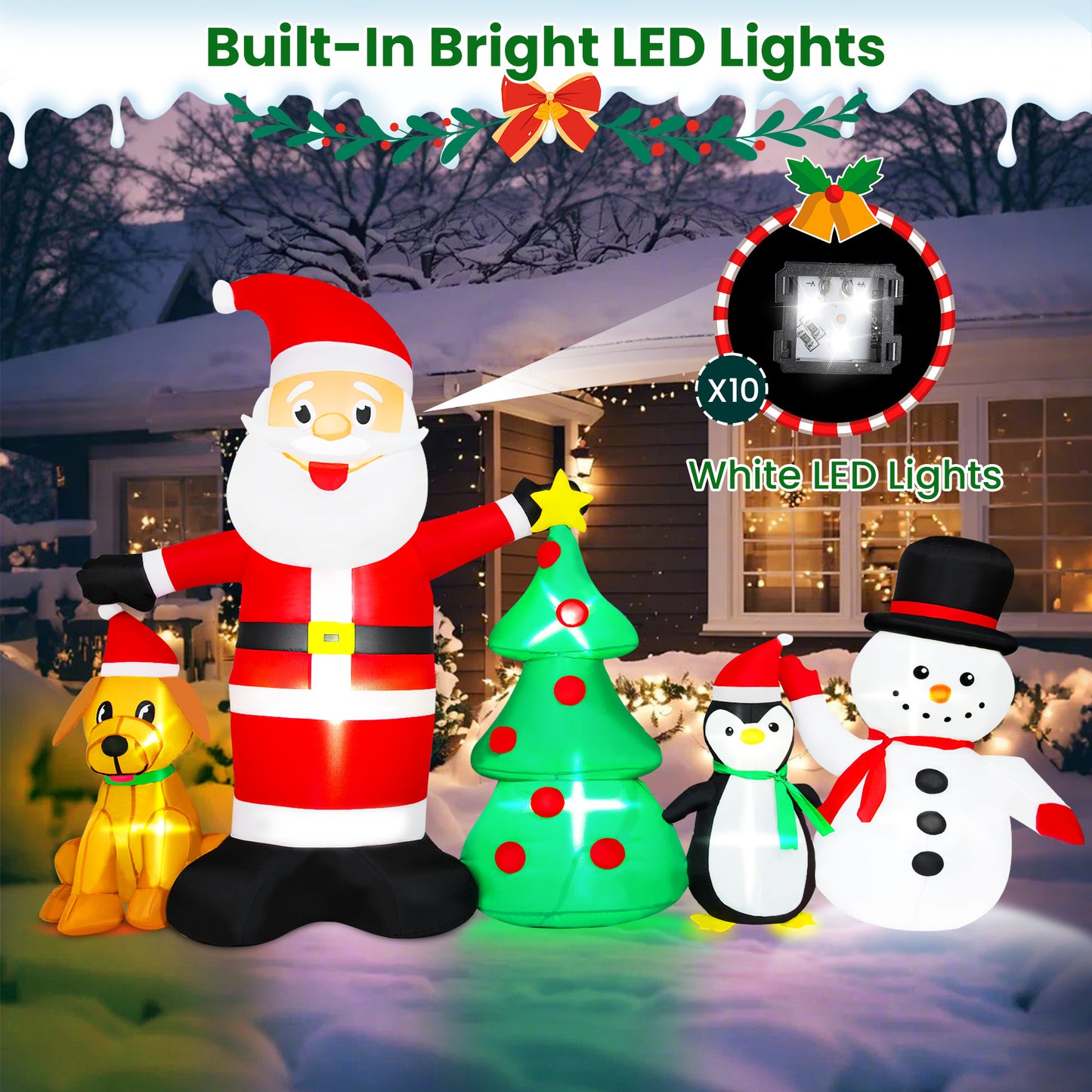 Firstness 6ft Christmas Inflatable,Christmas Blow ups Santa Snowman Xmas Tree Penguin Dog with LED Lights, Outdoor Decoration for Yard Garden Party